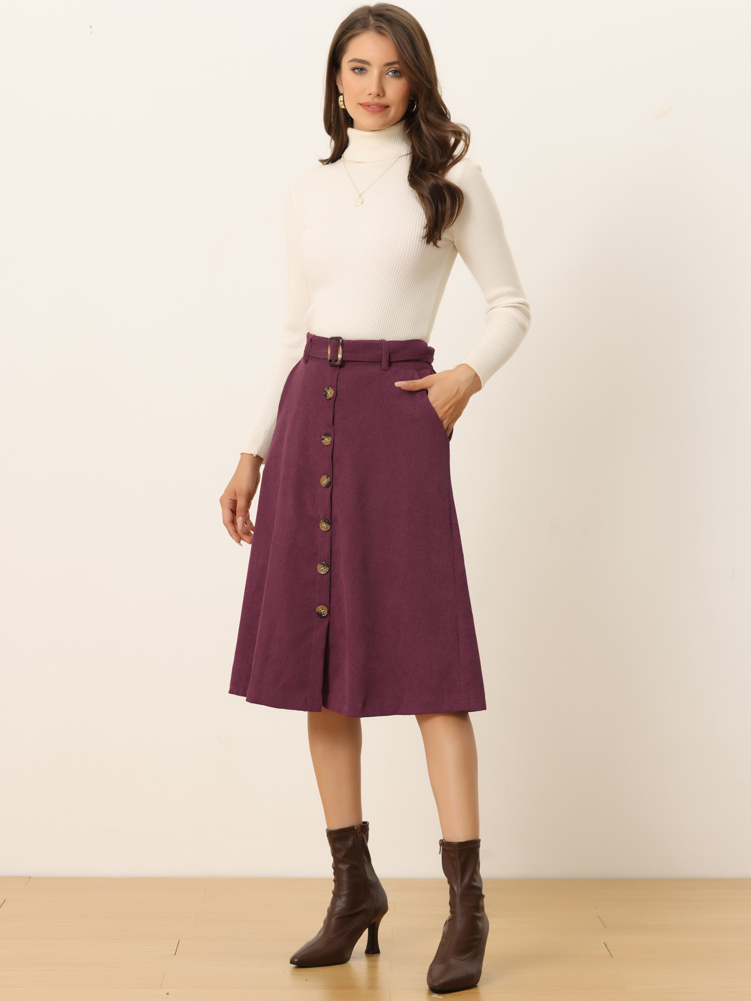 High Waist Button Front Belted Corduroy A-Line Midi Skirt Burgundy/2XL
