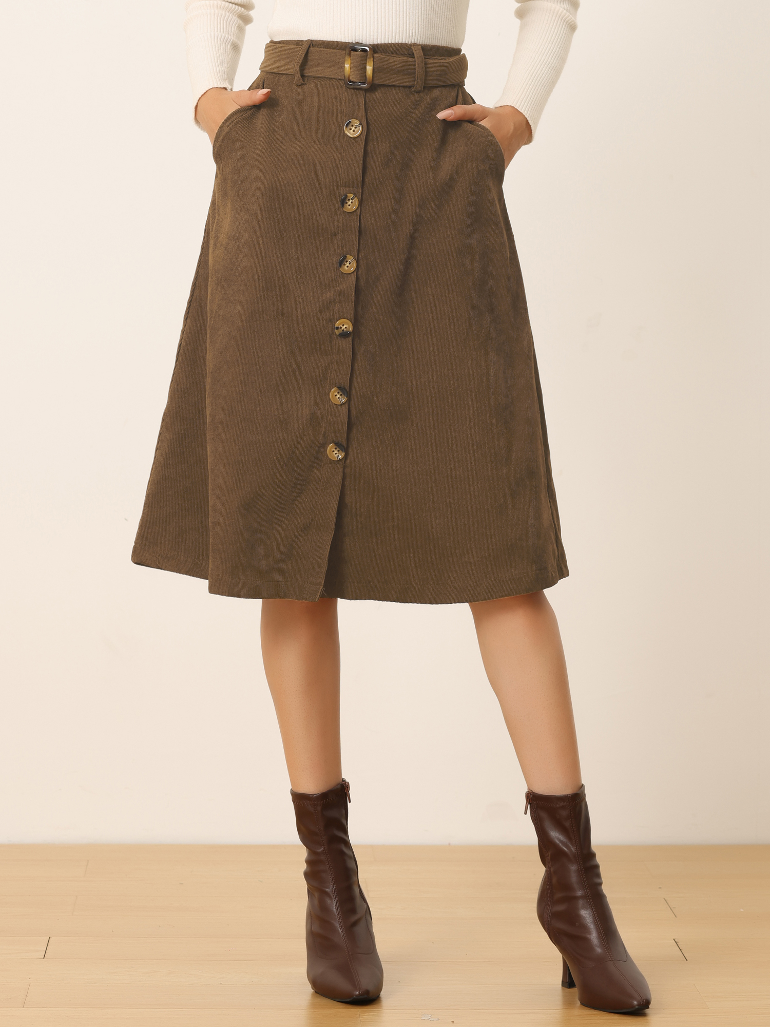High Waist Button Front Belted Corduroy A-Line Midi Skirt Coffee/2XL