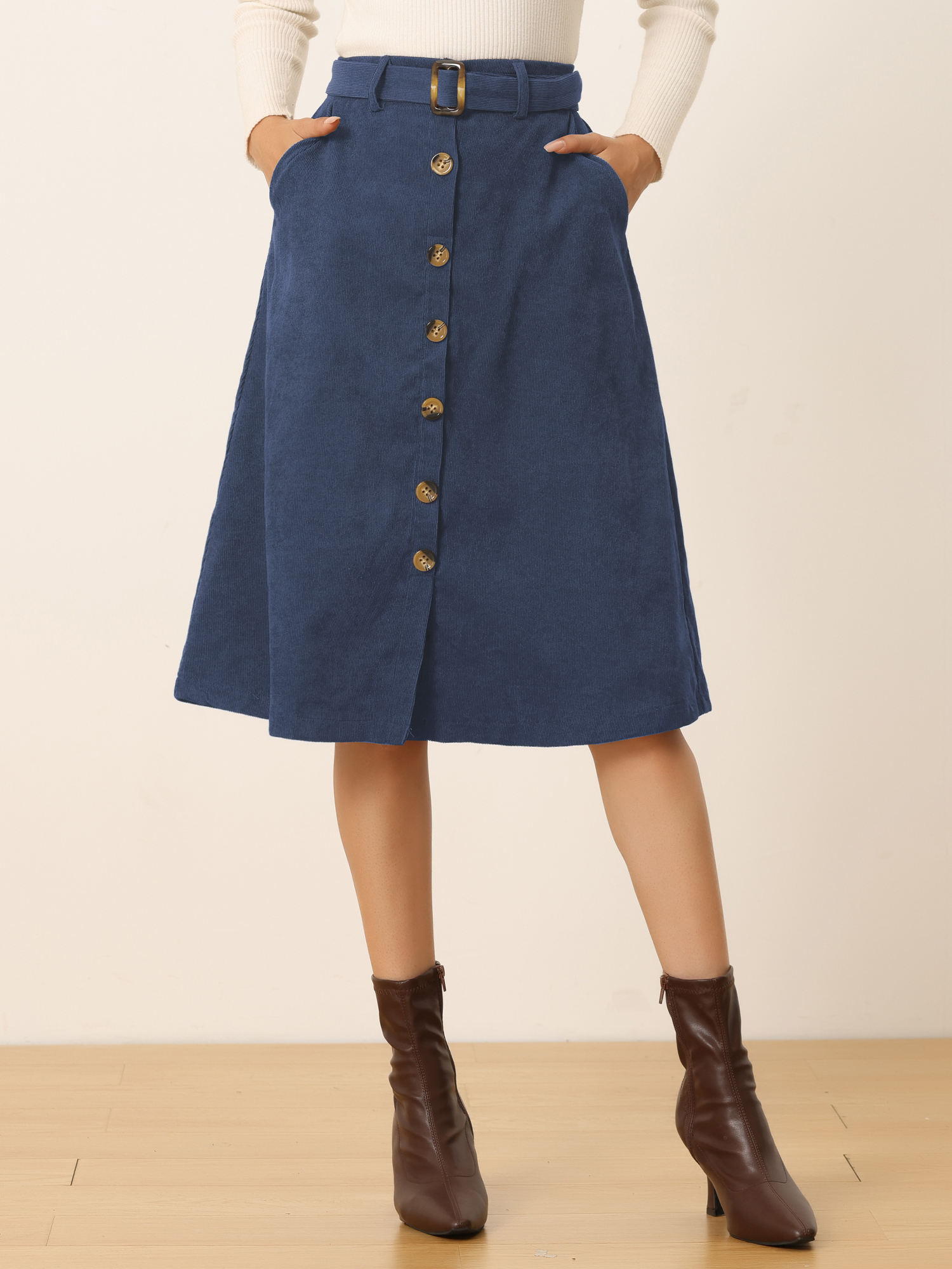 High Waist Button Front Belted Corduroy A-Line Midi Skirt Dark Blue/3XL