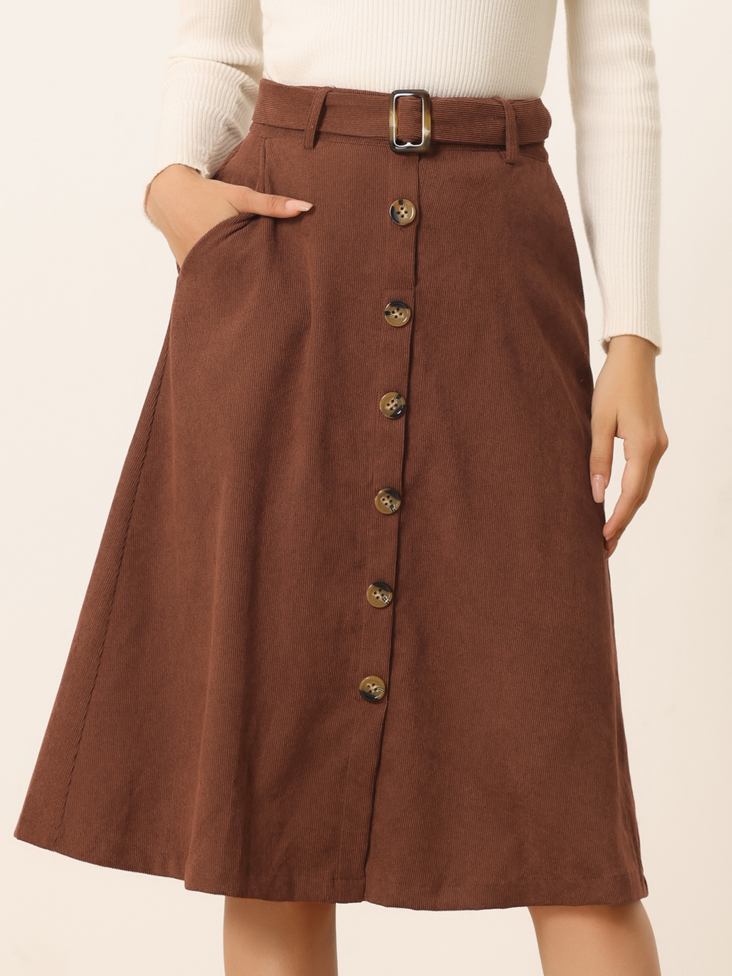 High Waist Button Front Belted Corduroy A-Line Midi Skirt Dark Brown/2XL