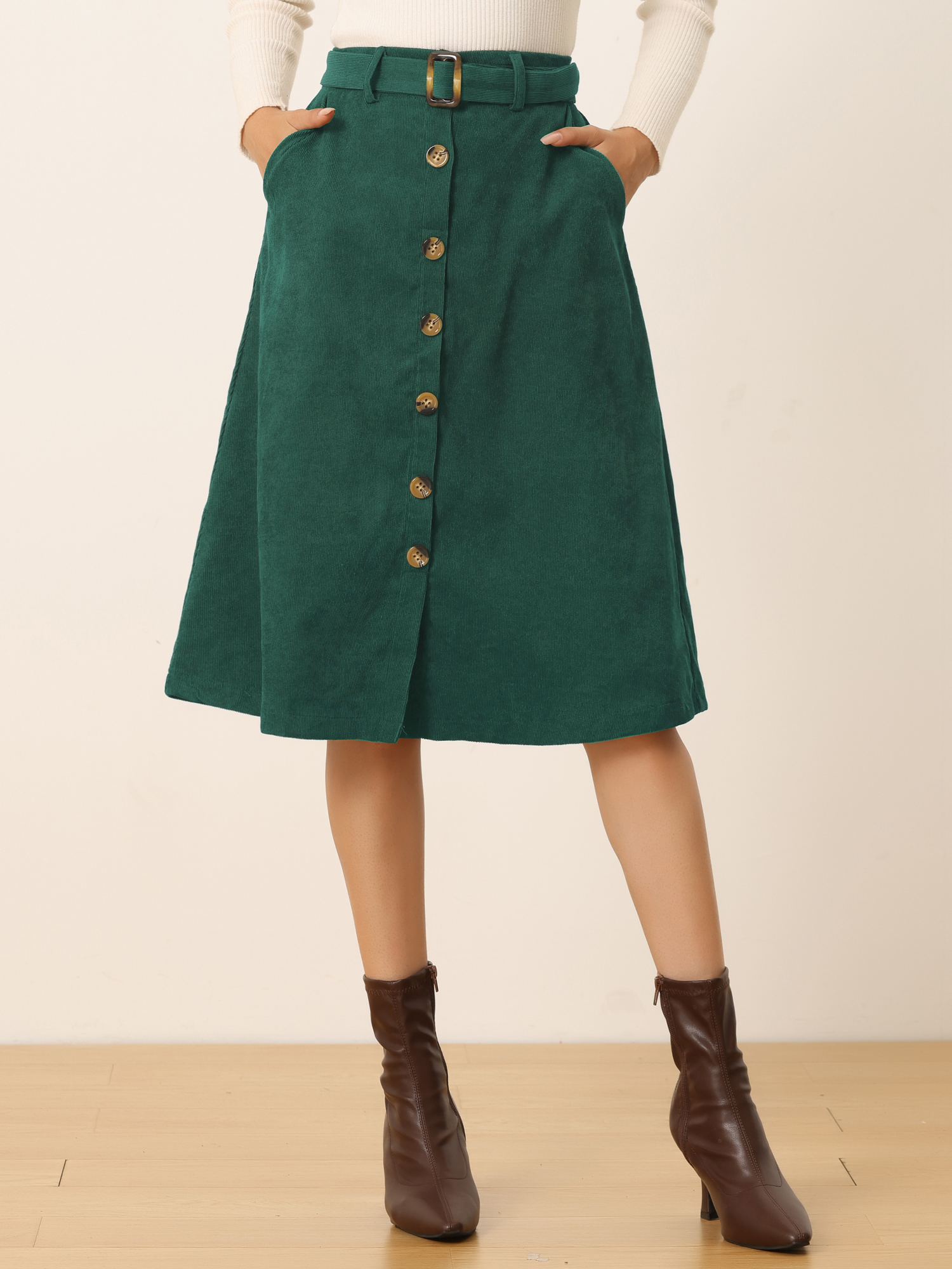 High Waist Button Front Belted Corduroy A-Line Midi Skirt Dark Green/2XL