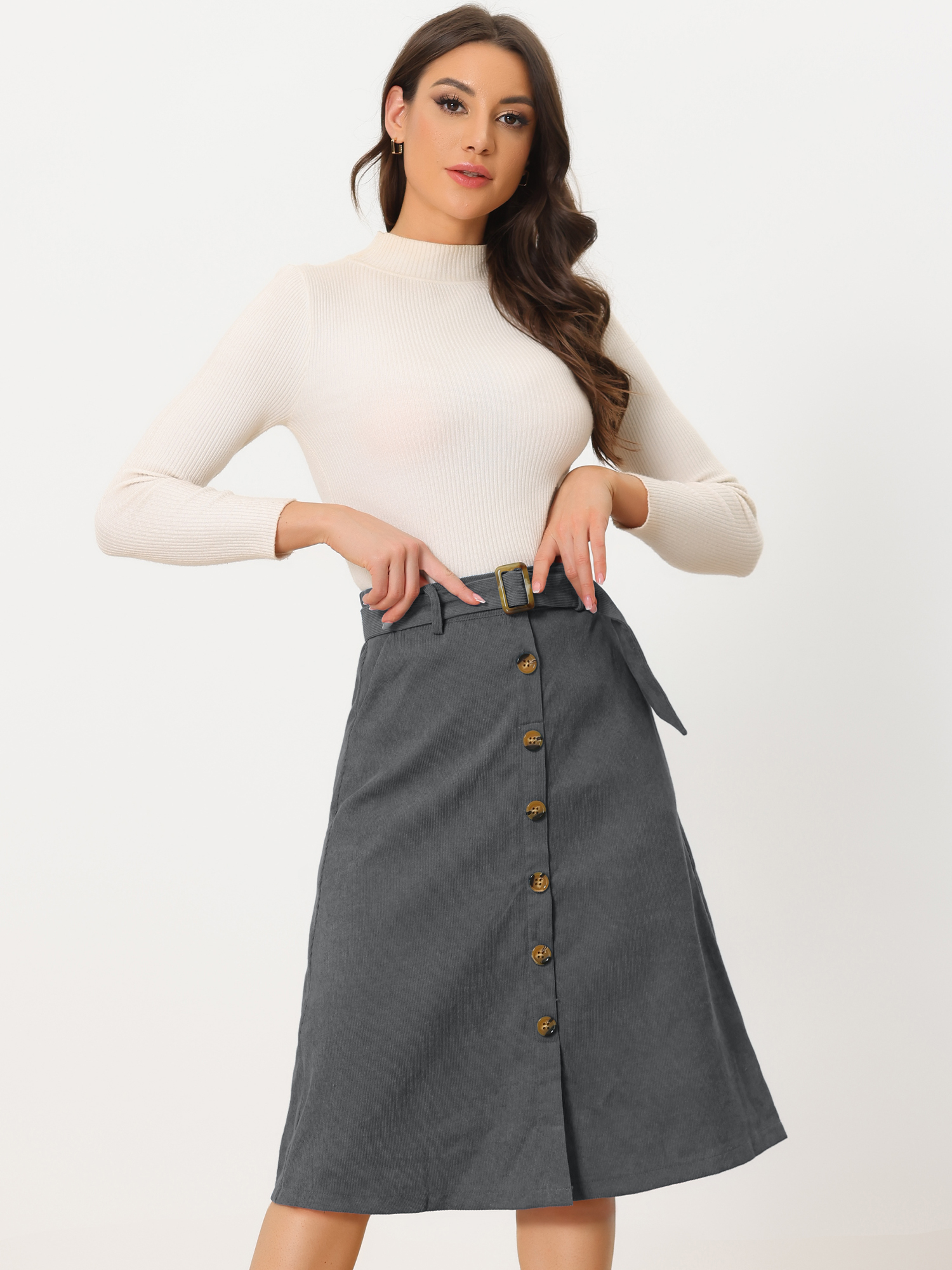 High Waist Button Front Belted Corduroy A-Line Midi Skirt Grey/3XL