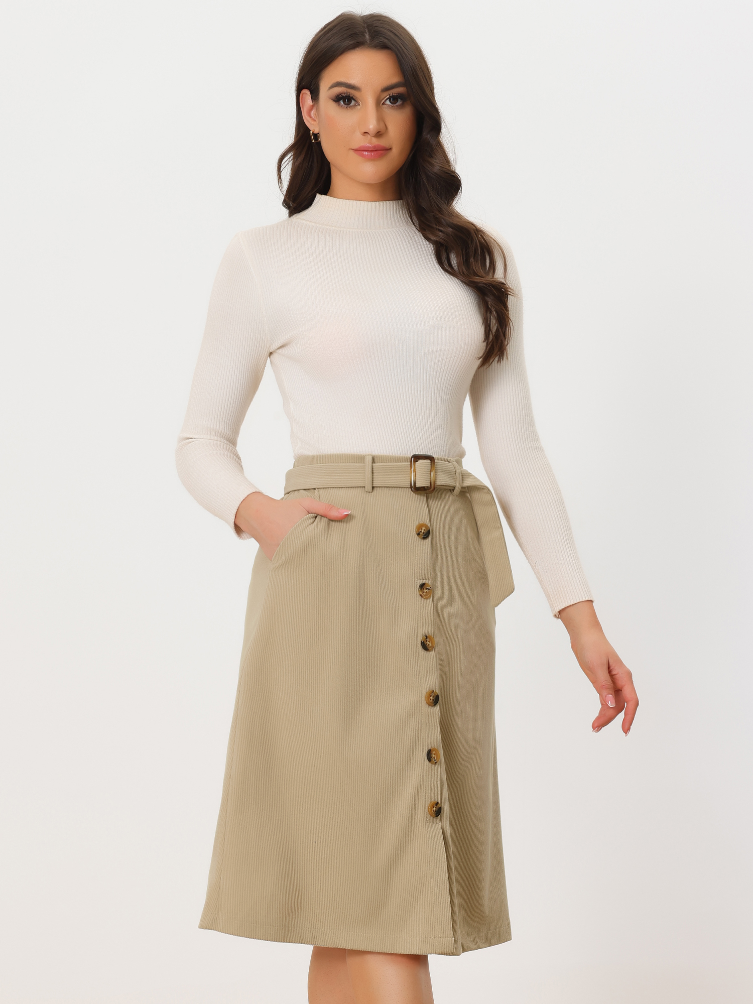 High Waist Button Front Belted Corduroy A-Line Midi Skirt Khaki/3XL