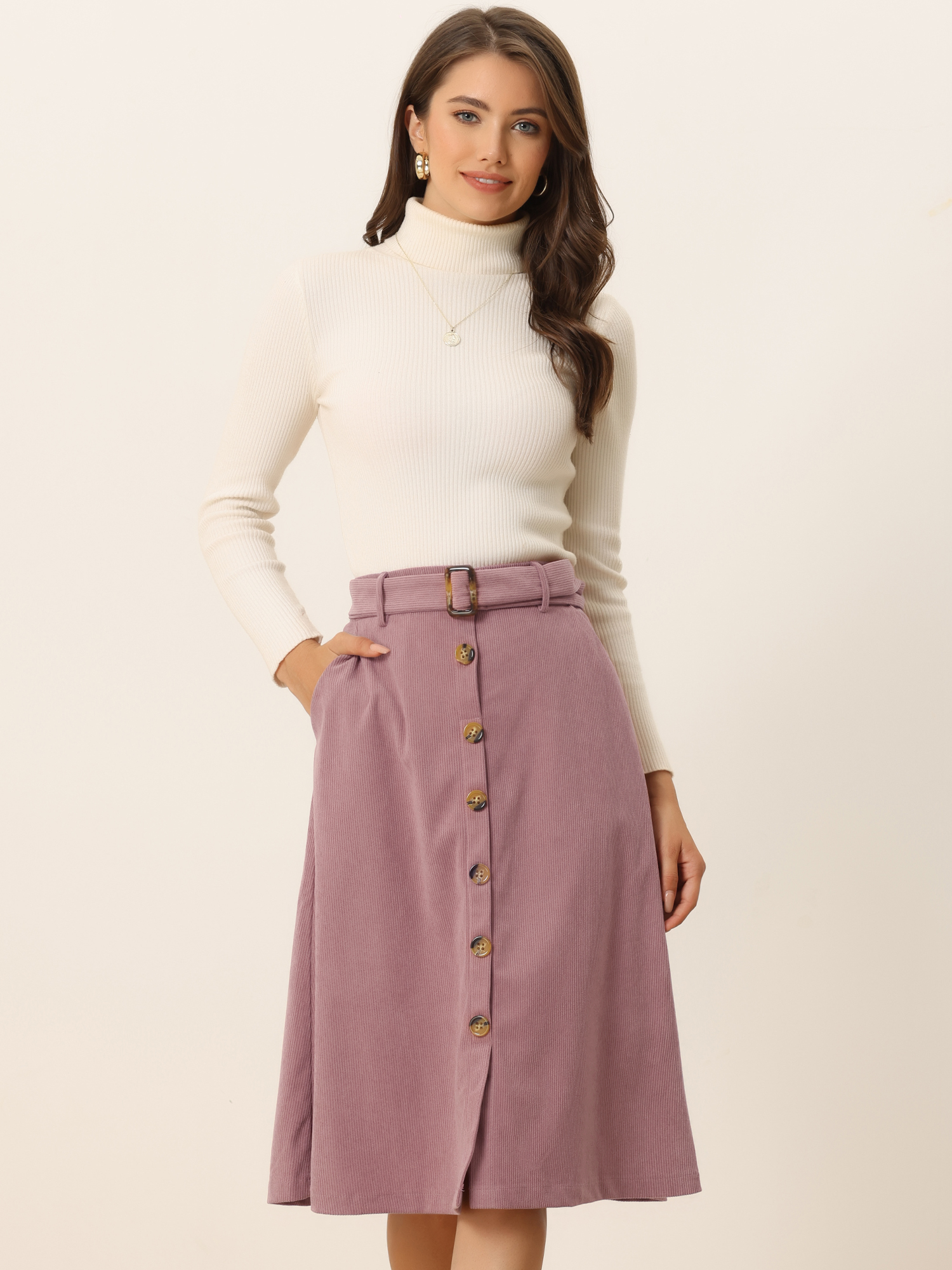 High Waist Button Front Belted Corduroy A-Line Midi Skirt Pink/2XL