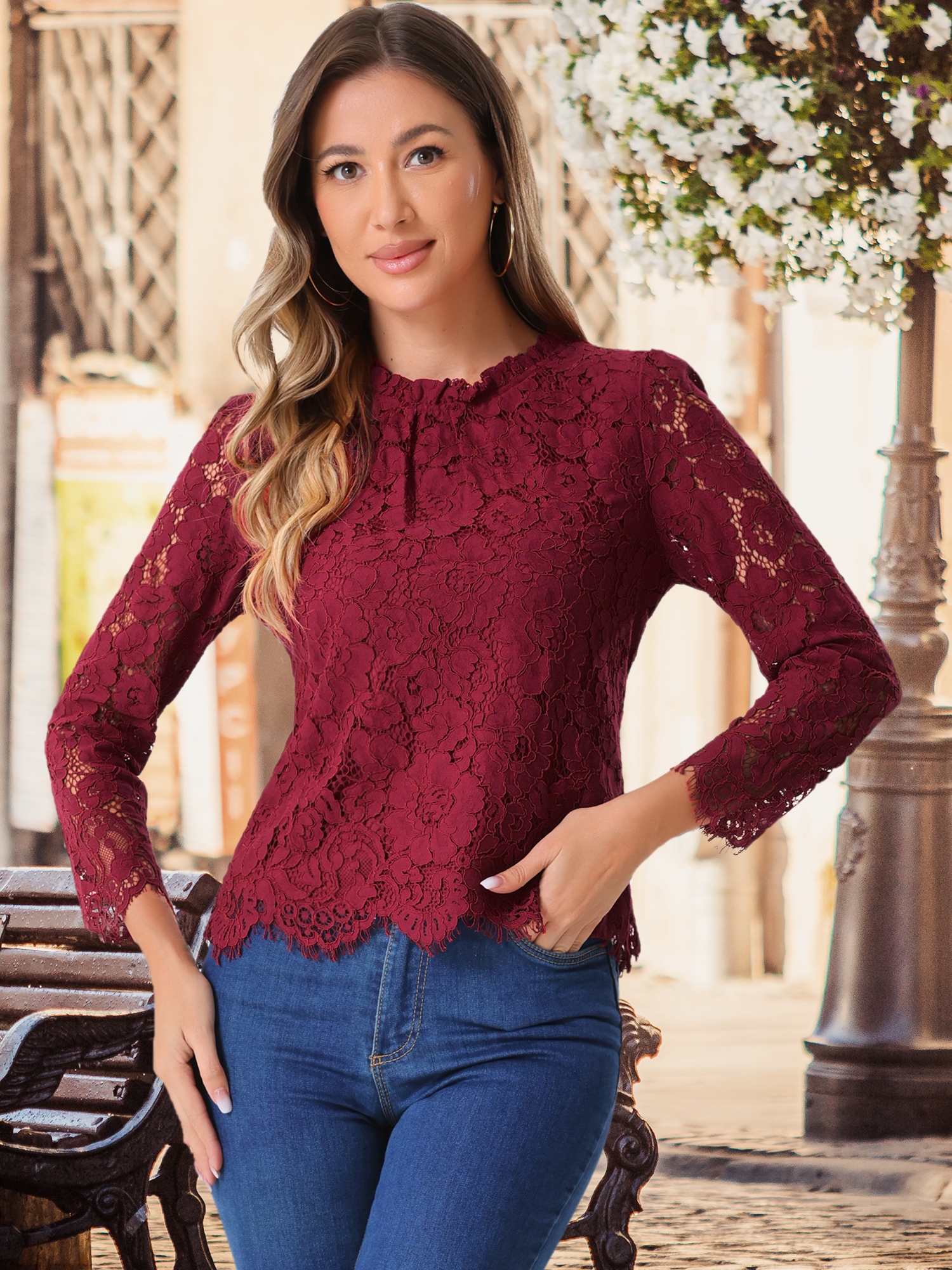 Lace Long Sleeve Ruffle Stand Neck Floral Blouse Red/L