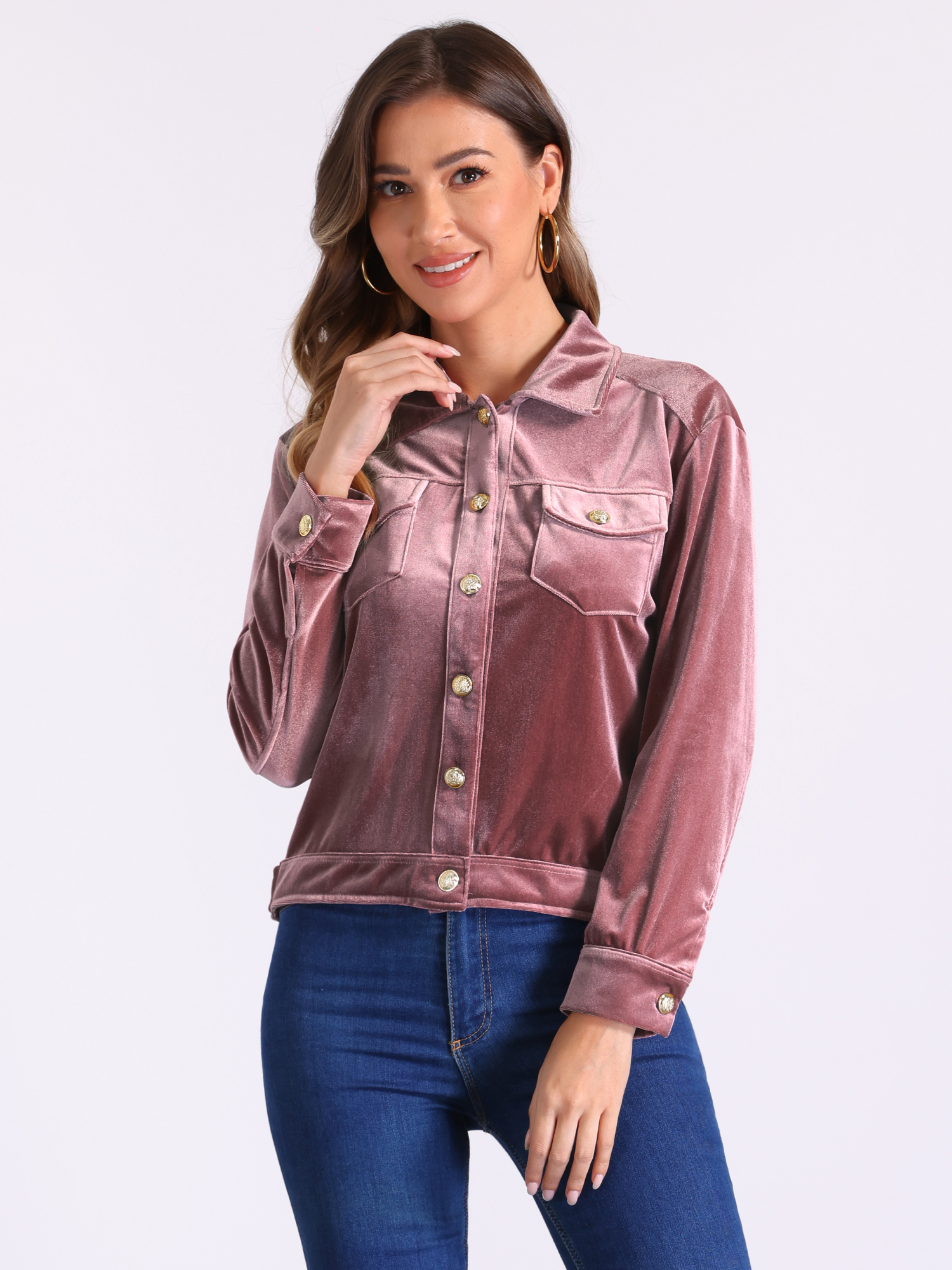 Velvet Button Up Long Sleeve Cropped Jacket Light Pink/M