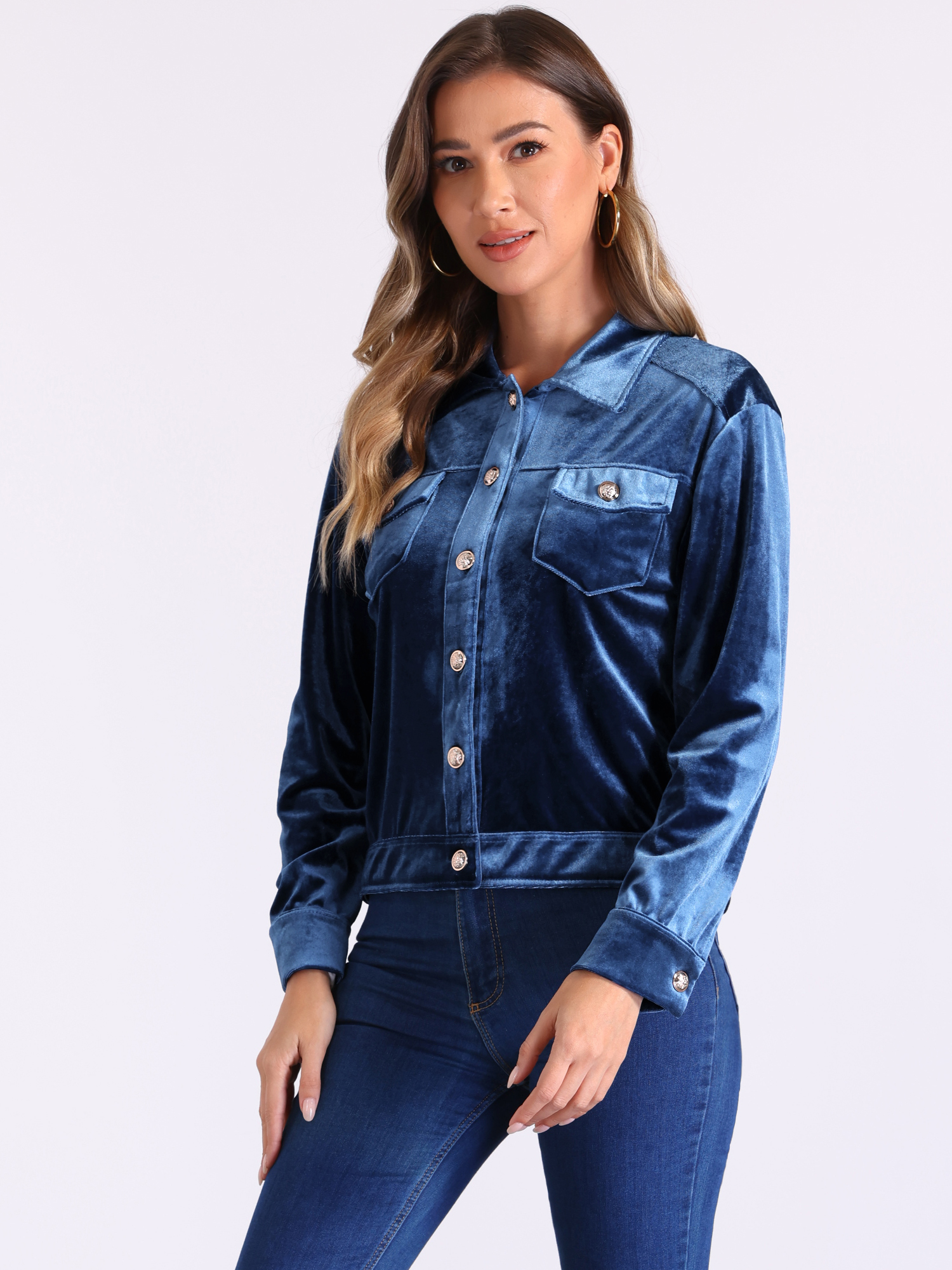 Velvet Button Up Long Sleeve Cropped Jacket Navy Blue/S