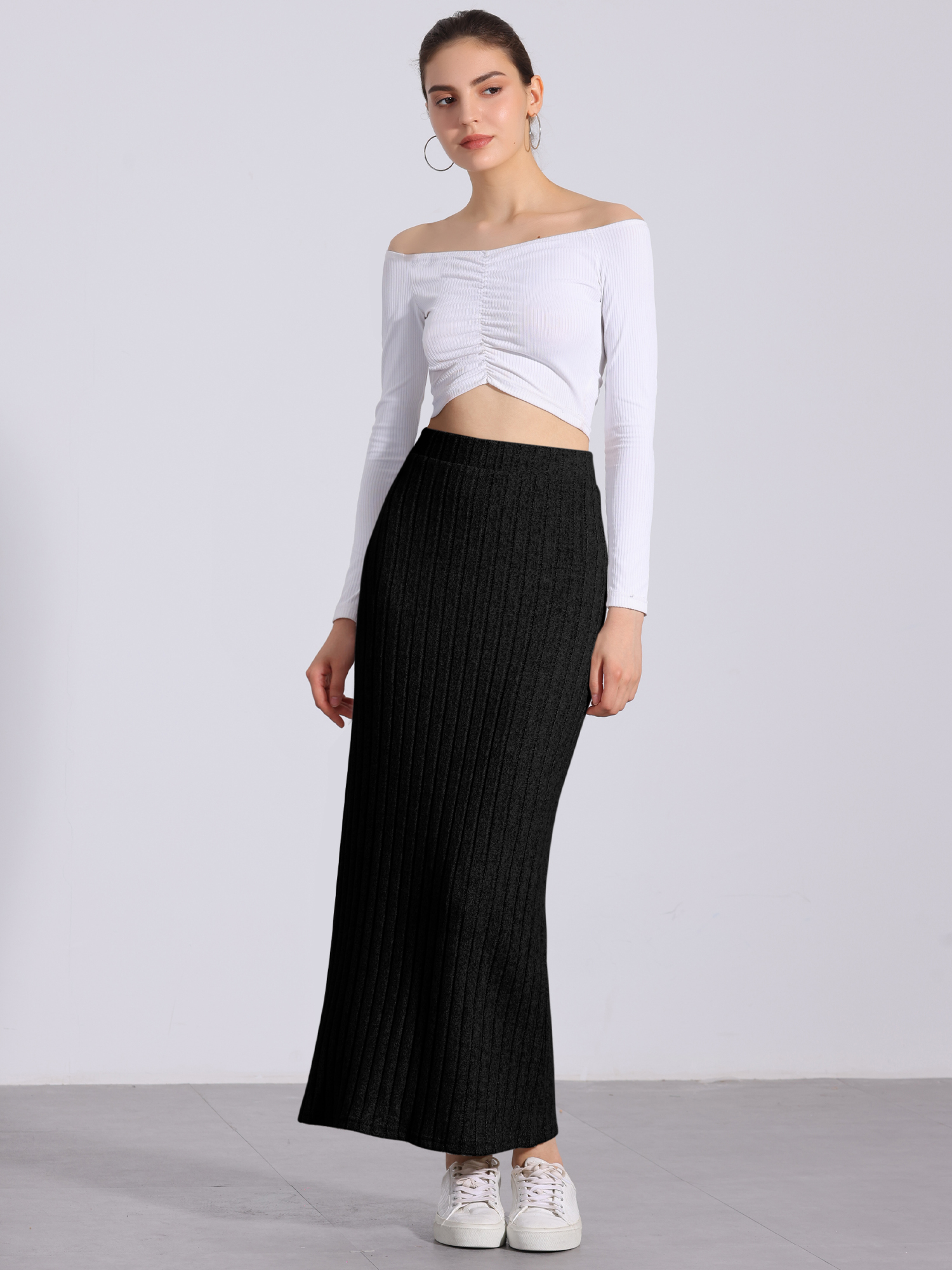 Knitted Textured Solid Color Slit Maxi Pencil Skirt Black/3XL