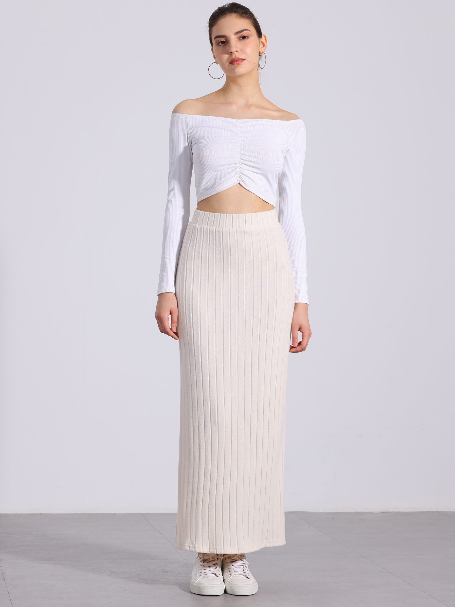 Knitted Textured Solid Color Slit Maxi Pencil Skirt Beige/L