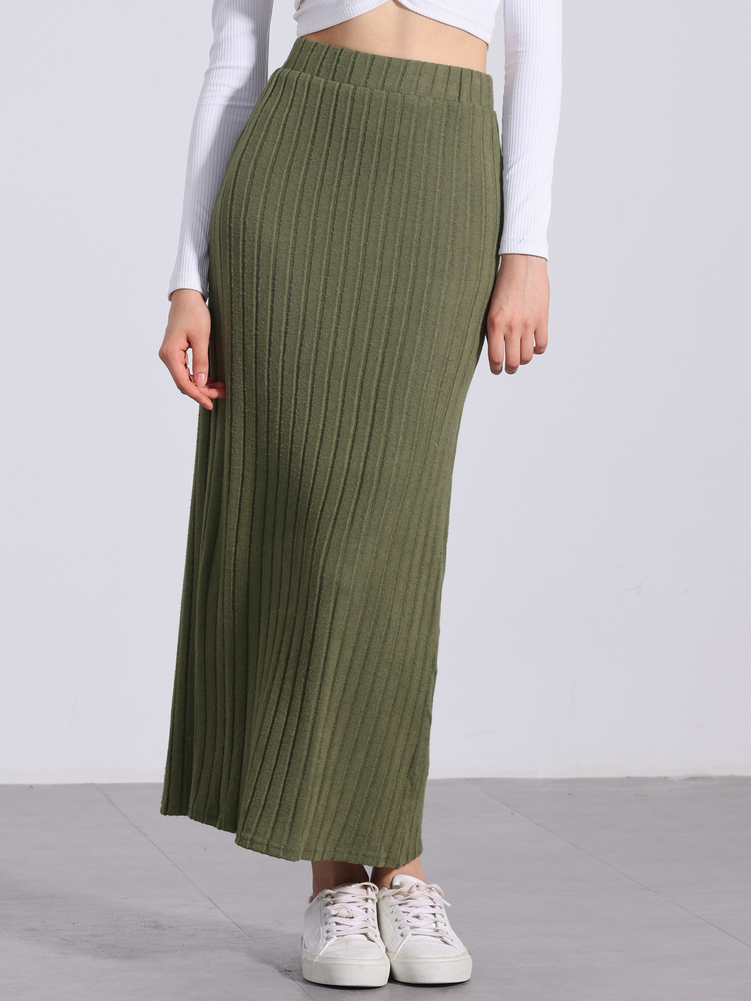 Knitted Textured Solid Color Slit Maxi Pencil Skirt Army Green/L