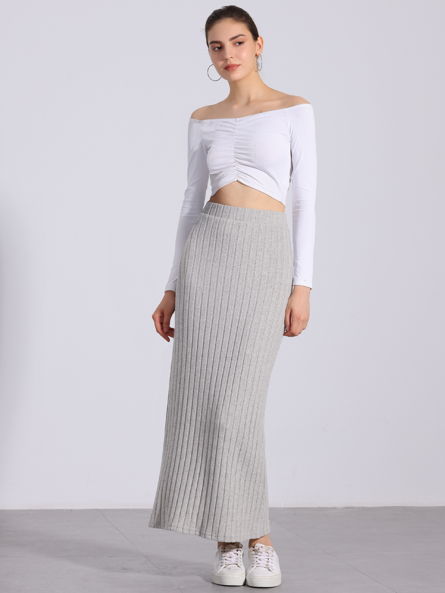 Knitted Textured Solid Color Slit Maxi Pencil Skirt Grey/3XL