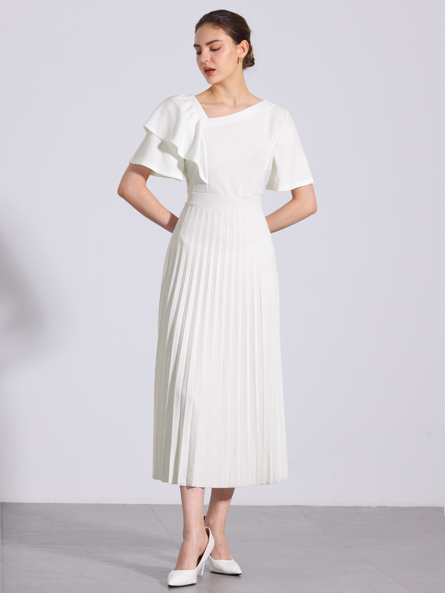 Ruffles Short Sleeve Asymmetrical Neck Pleated Midi Dress White/M