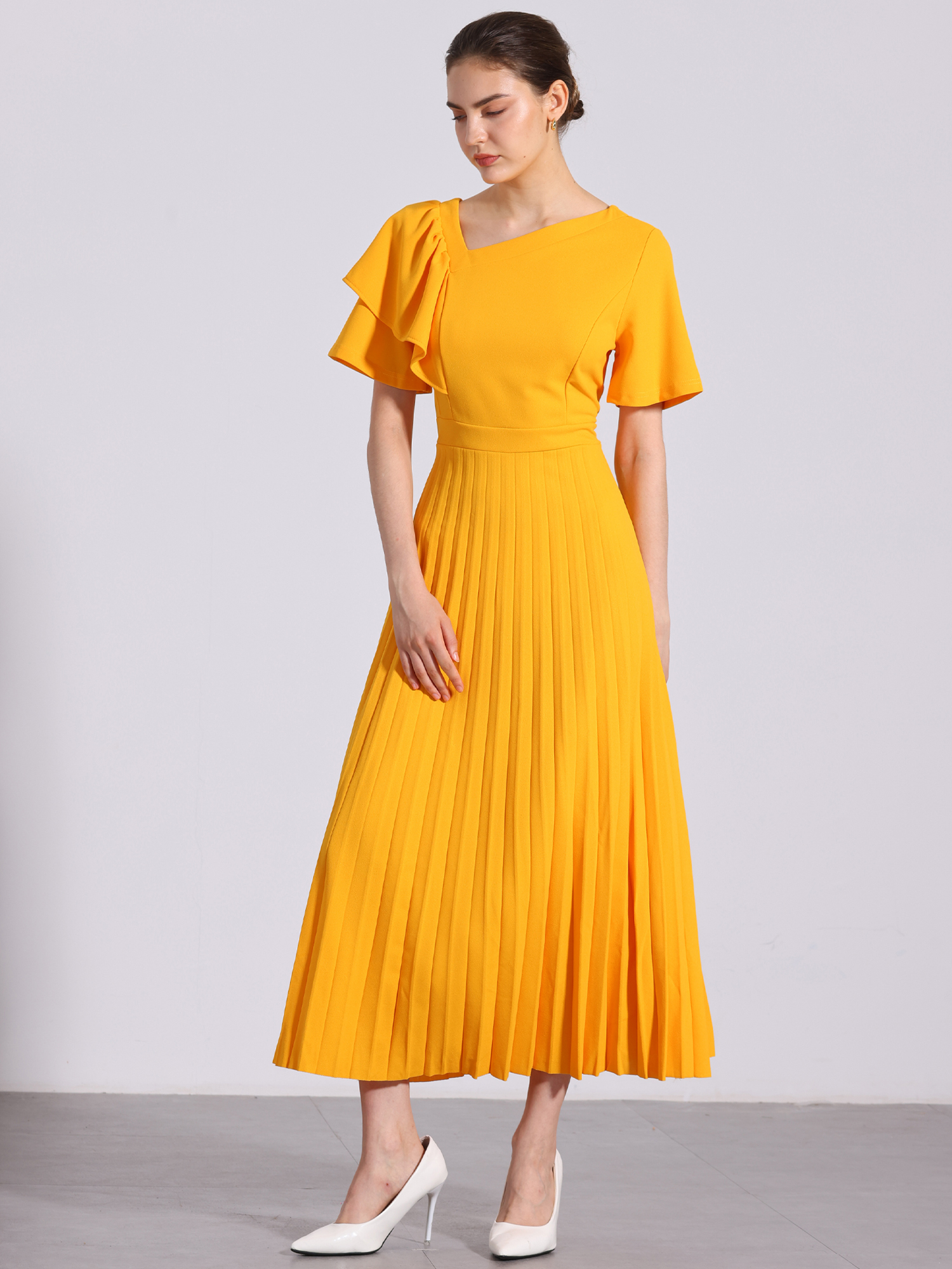 Ruffles Short Sleeve Asymmetrical Neck Pleated Midi Dress Yellow/M