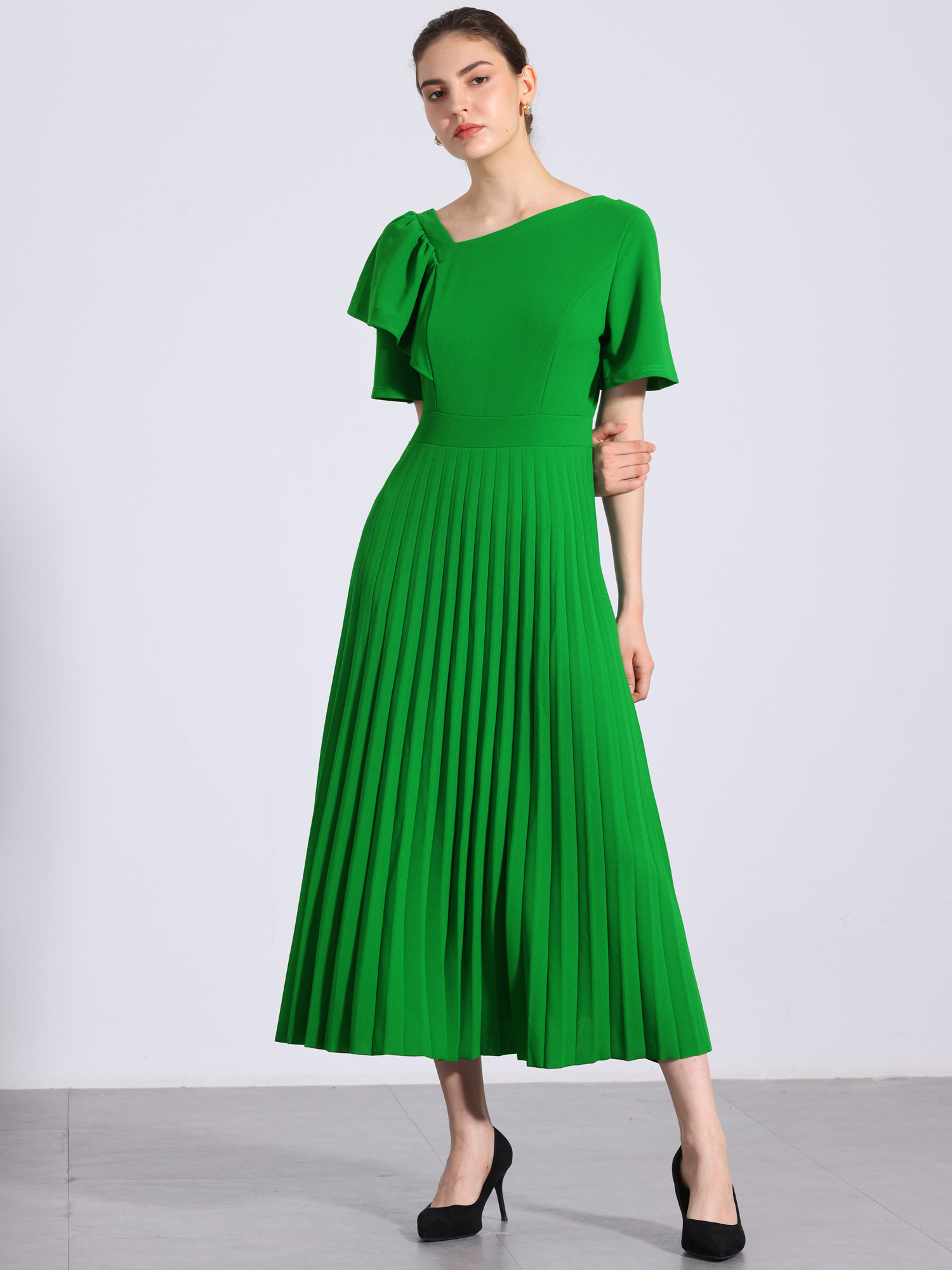 Ruffles Short Sleeve Asymmetrical Neck Pleated Midi Dress Green/XS