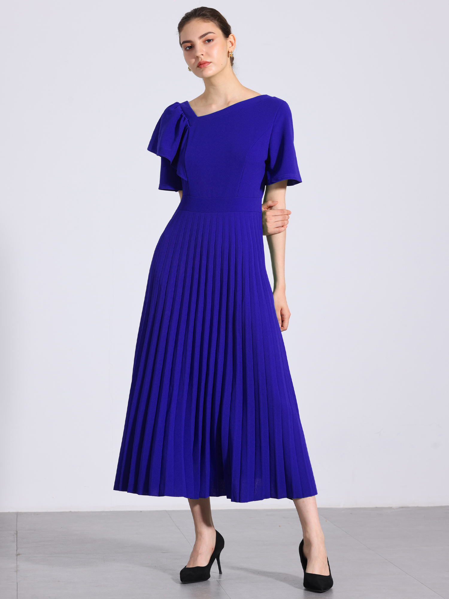 Ruffles Short Sleeve Asymmetrical Neck Pleated Midi Dress Blue/XL