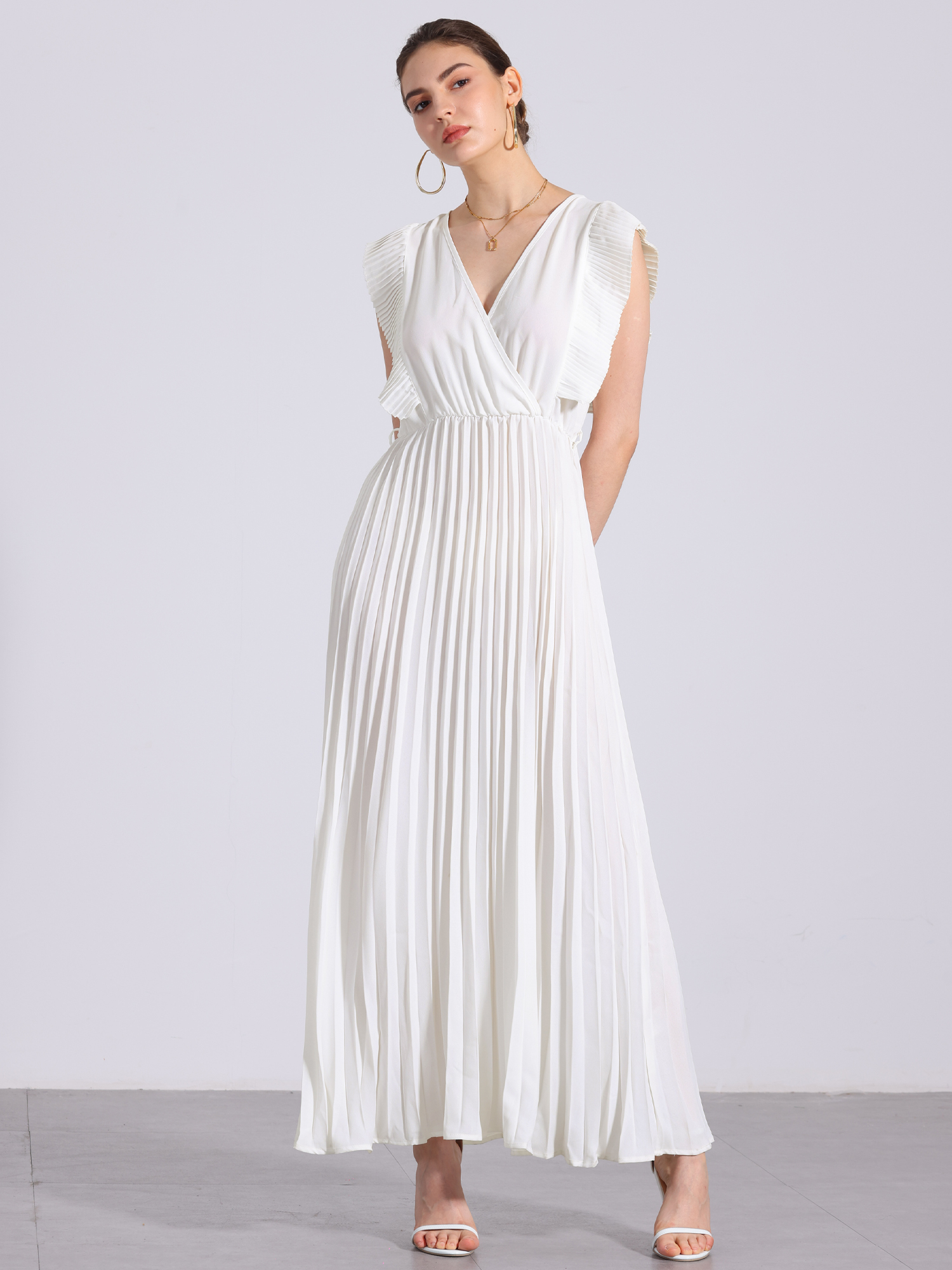 V Neck Short Sleeves Lace-Up Belted Pleated Maxi Dress White/L