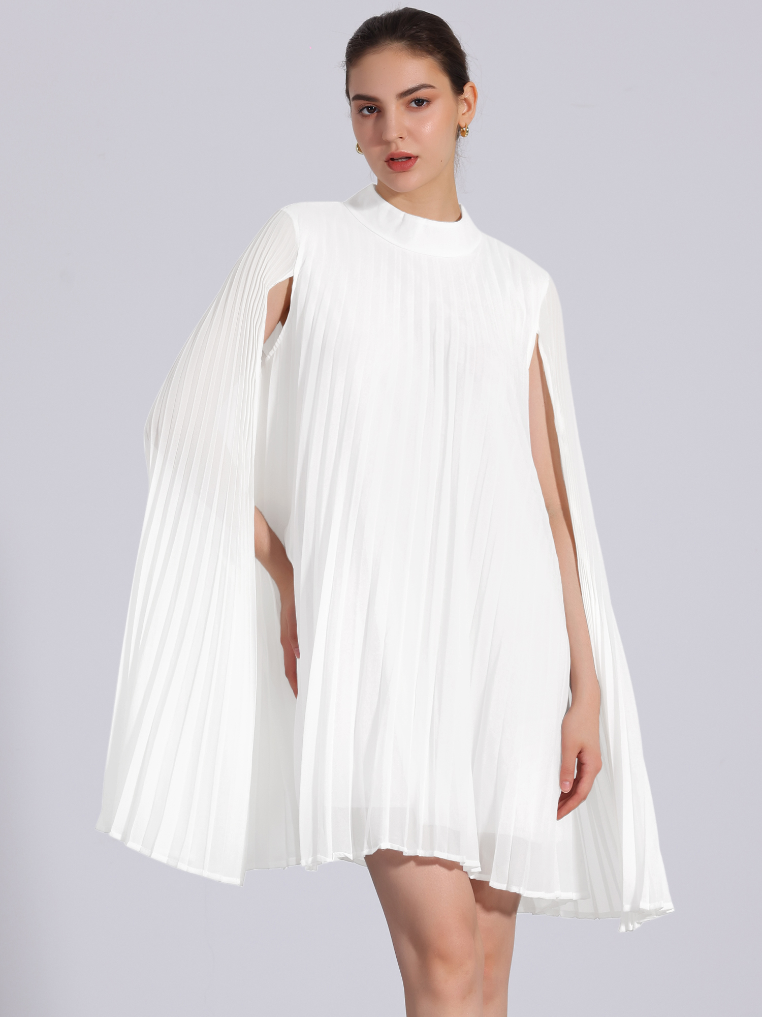 Loose Flowy Cloak Sleeve Cape Pleated Chiffon Mini Dress White/3XL