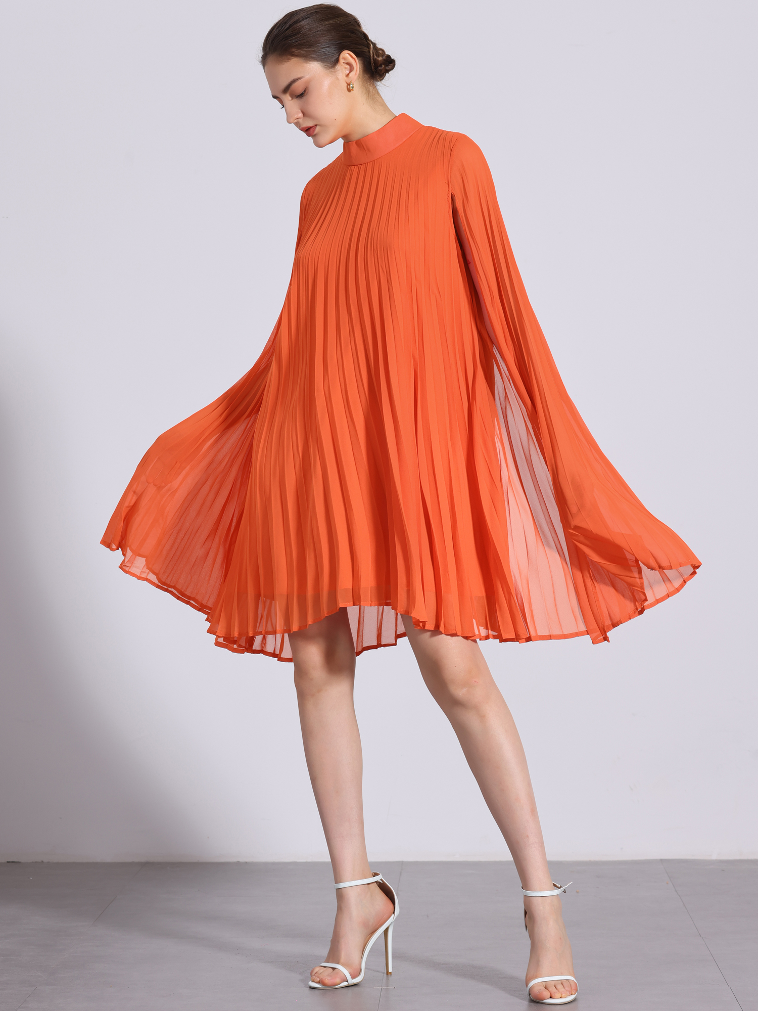 Loose Flowy Cloak Sleeve Cape Pleated Chiffon Mini Dress Orange/2XL
