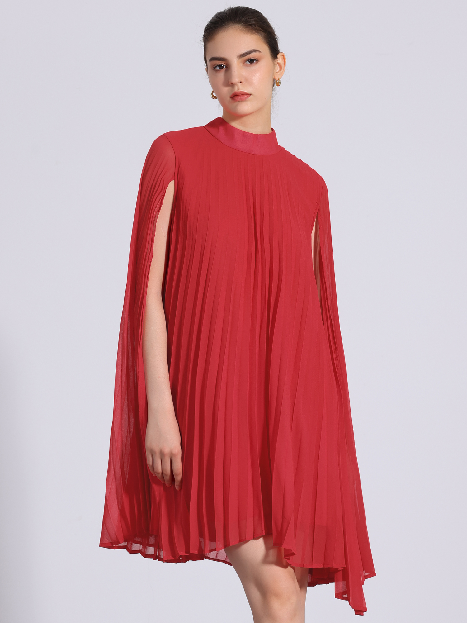 Loose Flowy Cloak Sleeve Cape Pleated Chiffon Mini Dress Red/M
