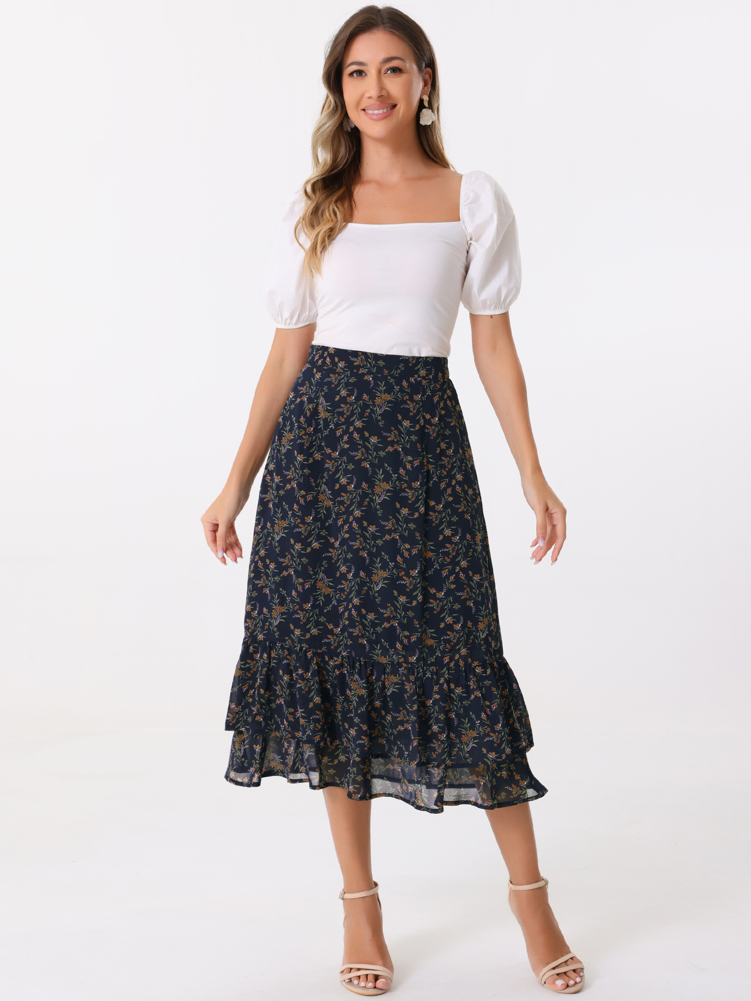 Chiffon Printed Elastic Waist Ruffle Tiered Flowy Midi Skirt Dark Blue Orange-Floral/M