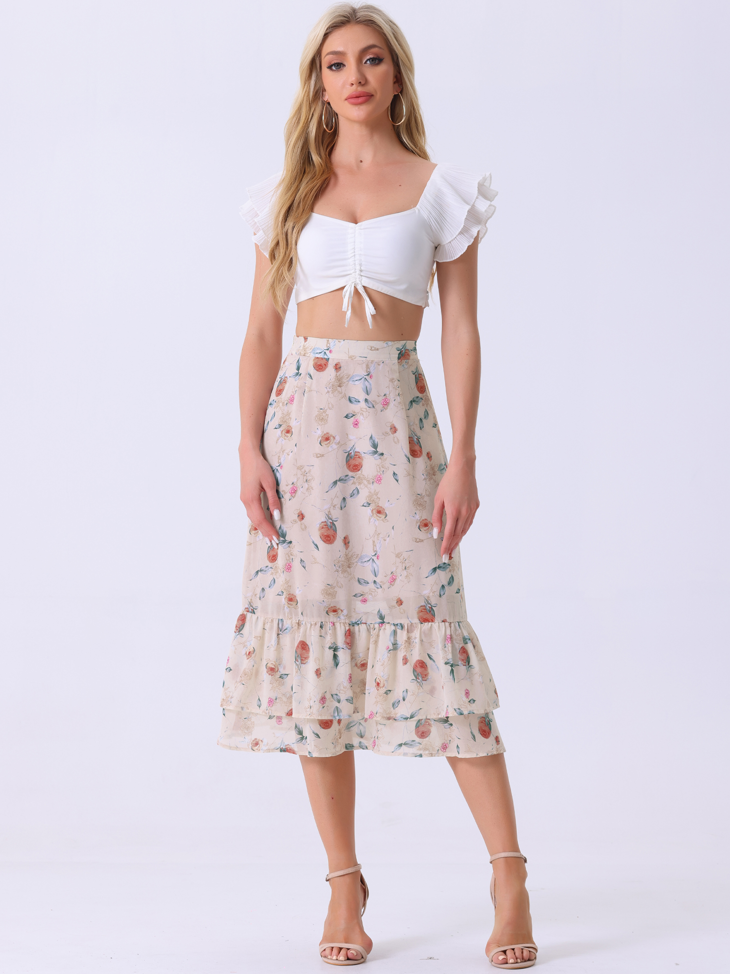 Chiffon Printed Elastic Waist Ruffle Tiered Flowy Midi Skirt Light Pink-Floral/XL