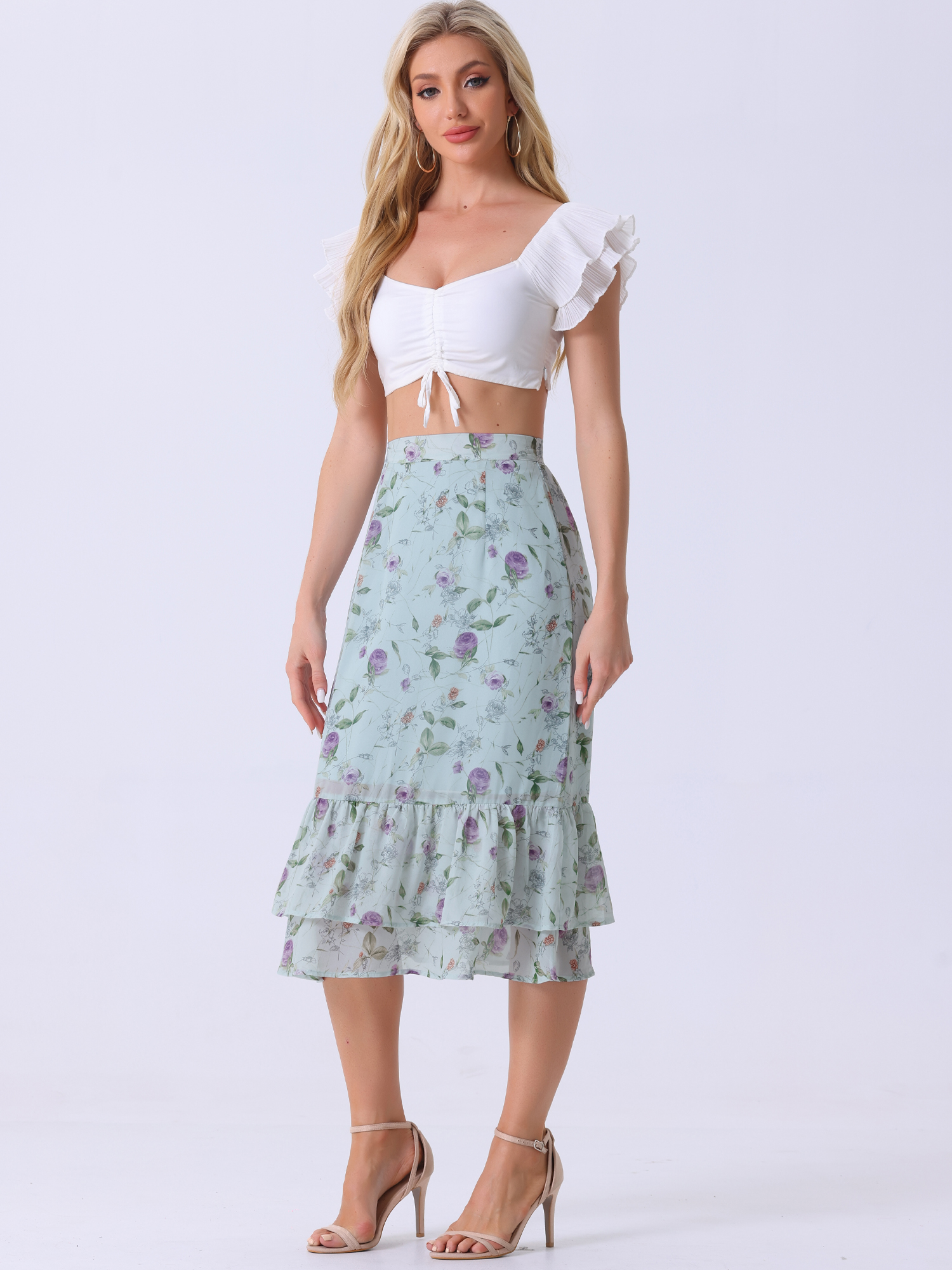 Chiffon Printed Elastic Waist Ruffle Tiered Flowy Midi Skirt Blue Purple-Floral/S
