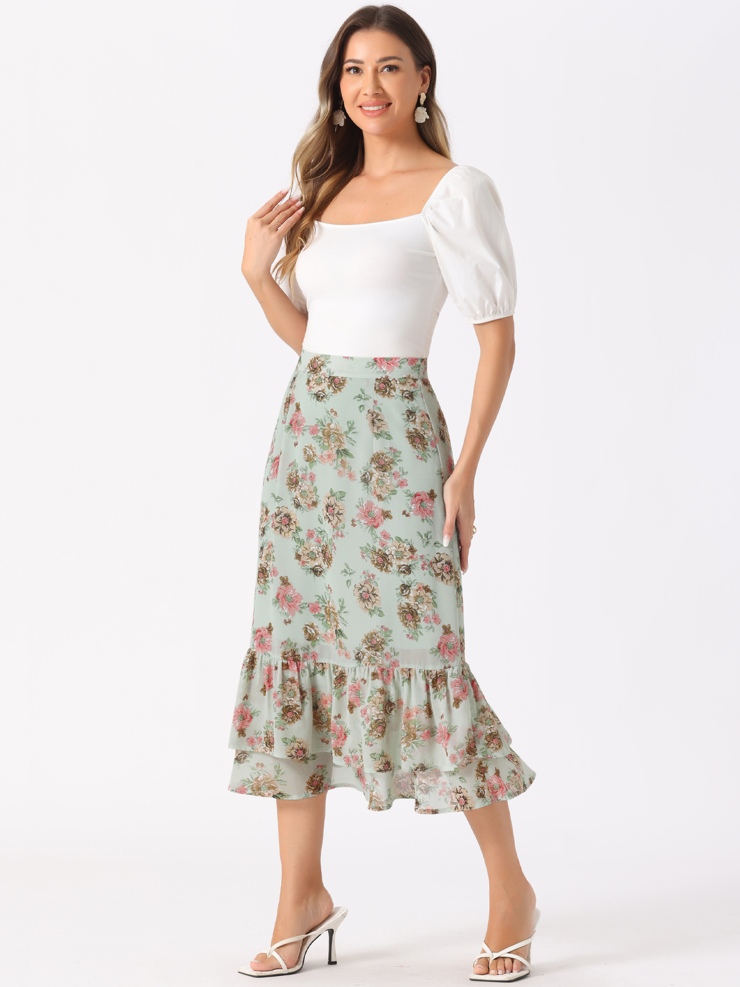 Chiffon Printed Elastic Waist Ruffle Tiered Flowy Midi Skirt Light Green-Floral/L