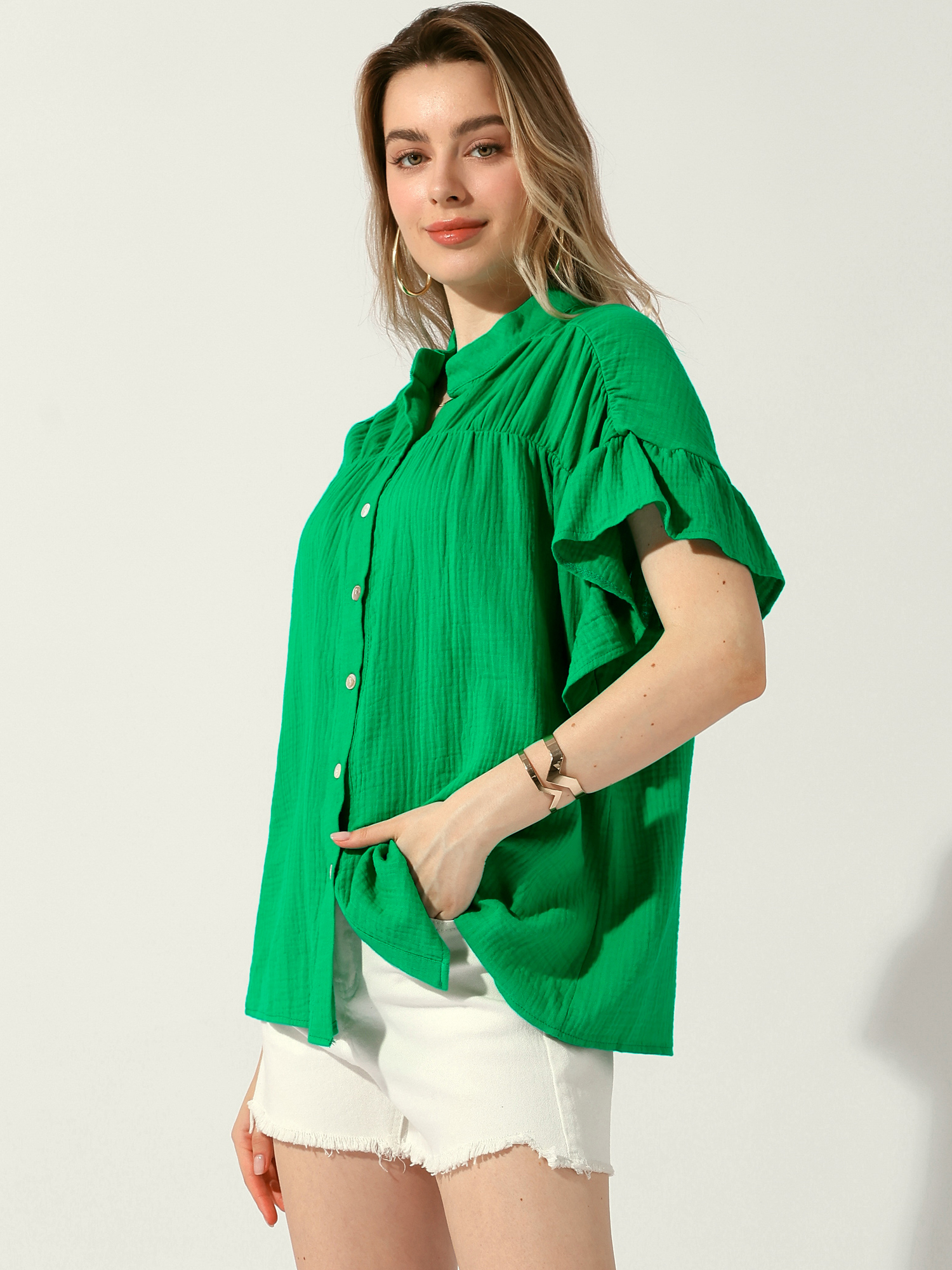 Button Up Textured Ruffle Sleeve Casual Blouse Green/L