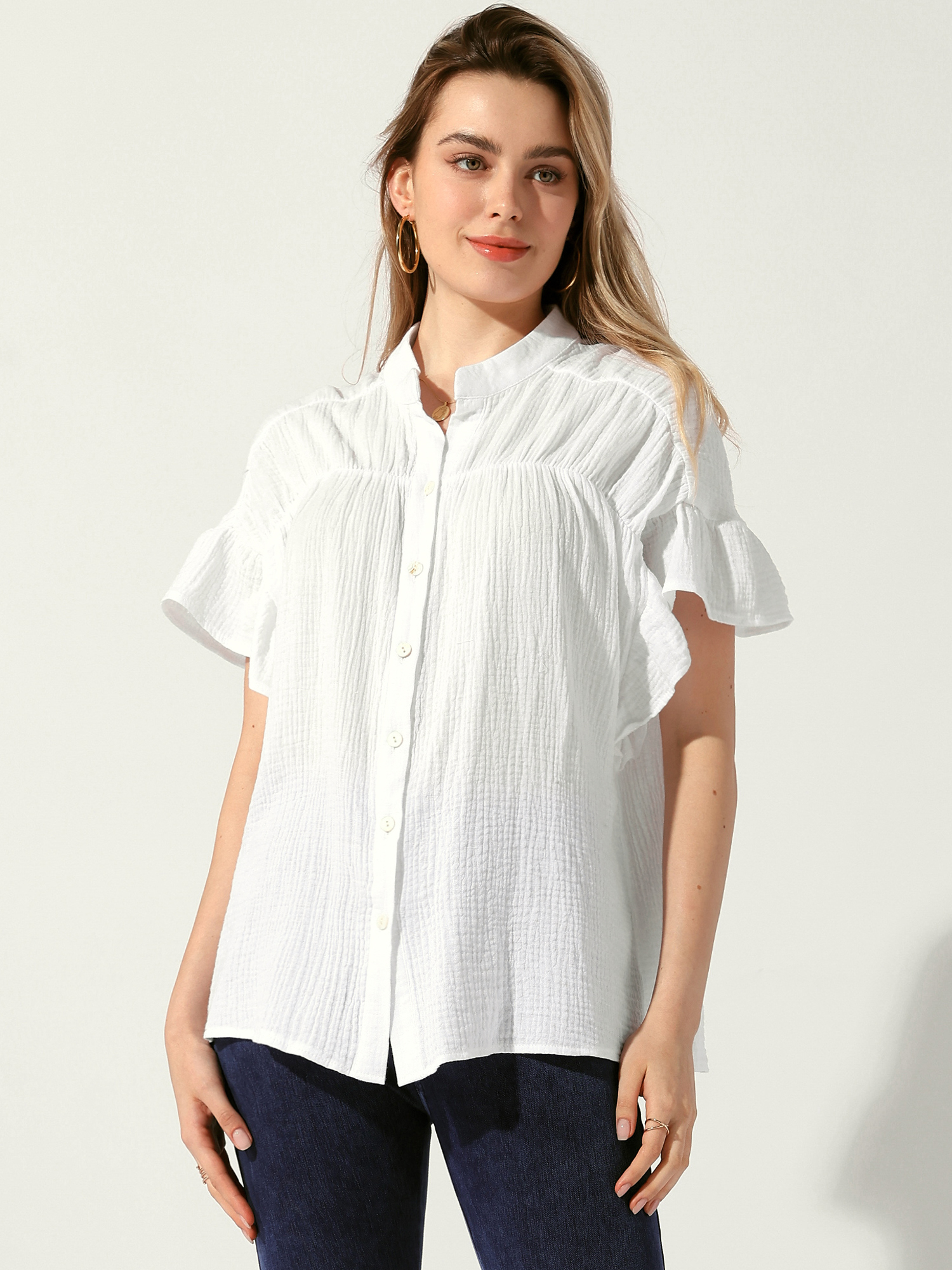 Button Up Textured Ruffle Sleeve Casual Blouse White/L