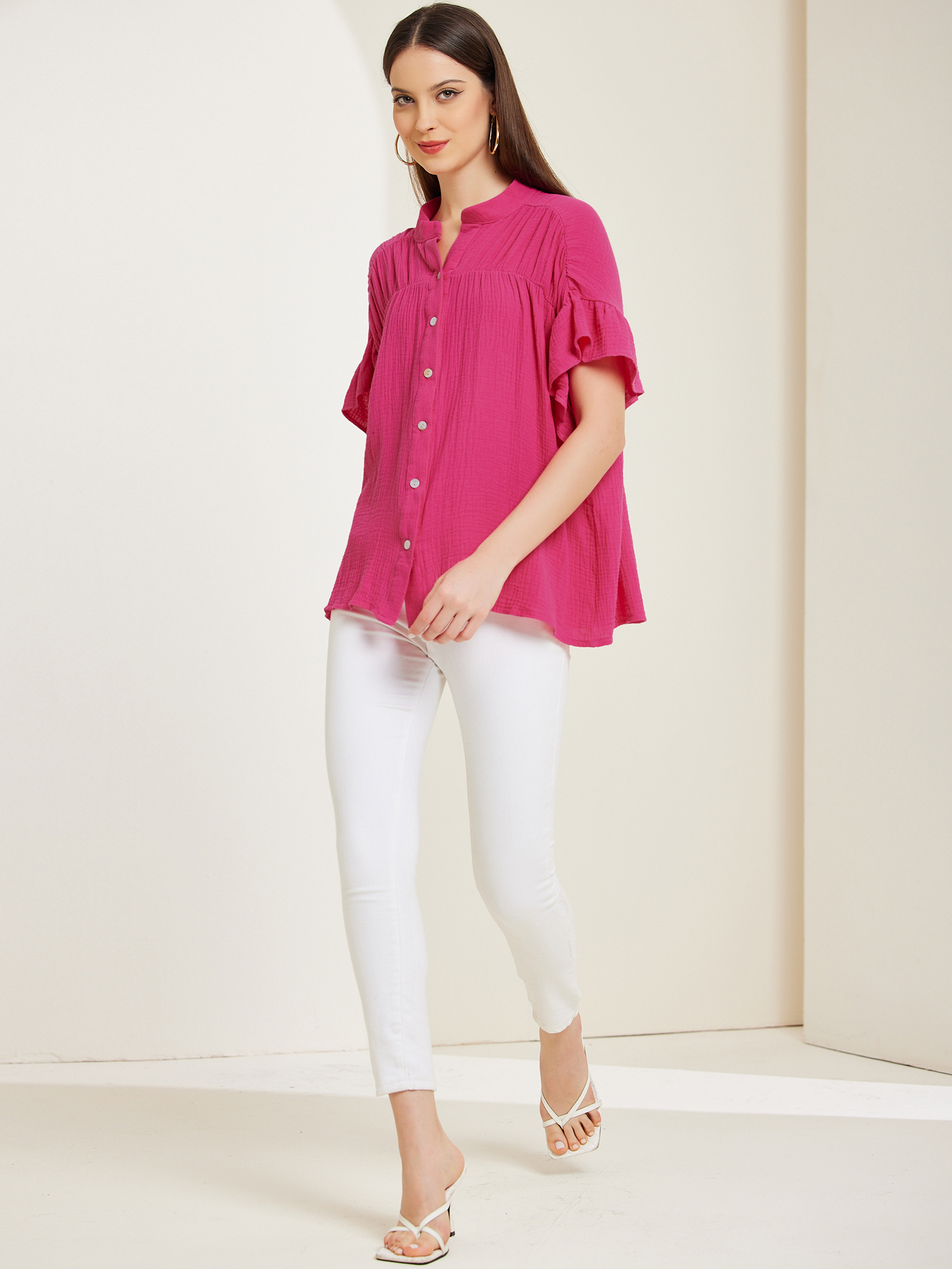 Button Up Textured Ruffle Sleeve Casual Blouse Hot Pink/S