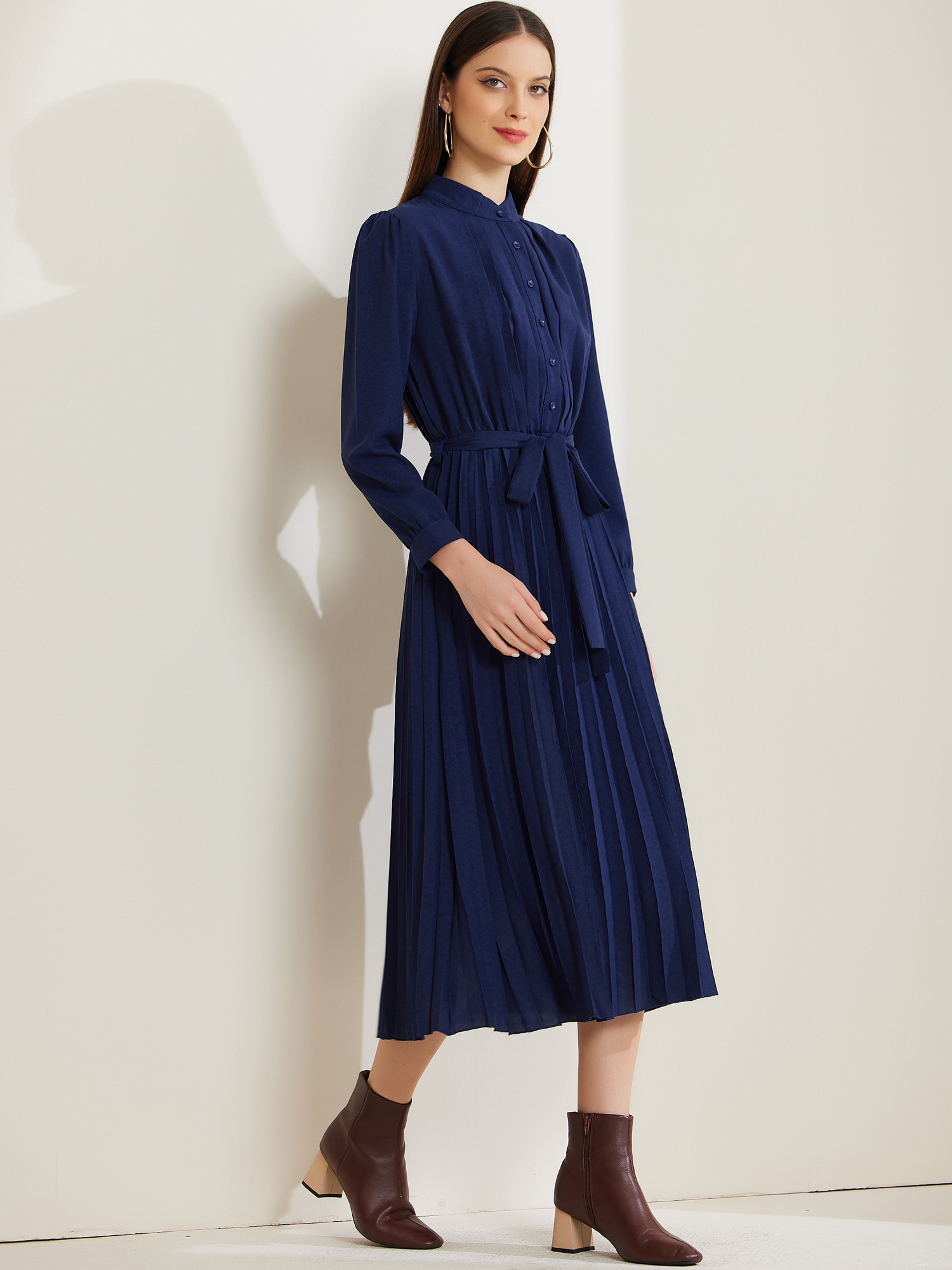Long Sleeve Mock Neck A-Line Midi Pleated Shirt Dress Dark Blue/L