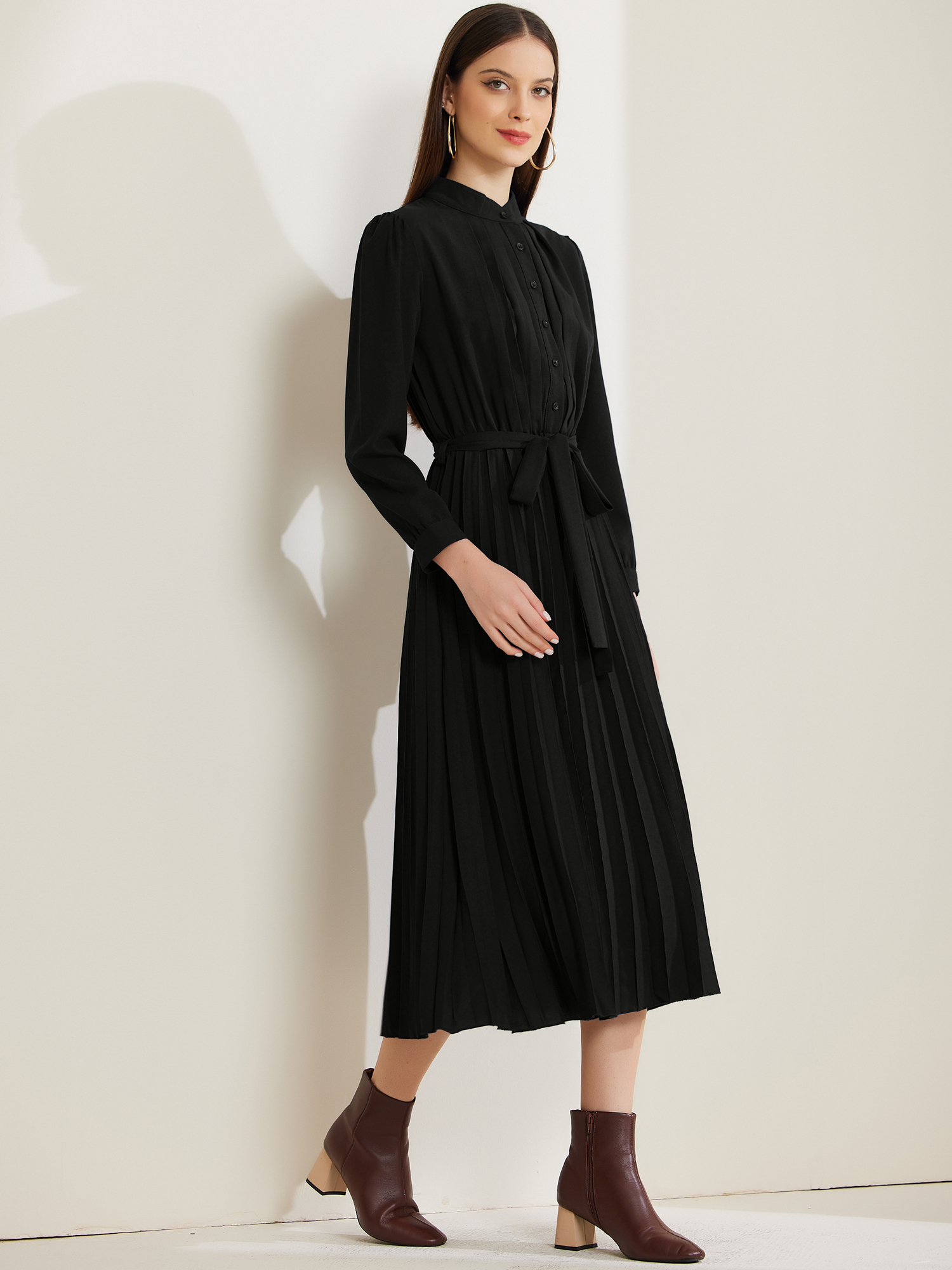 Long Sleeve Mock Neck A-Line Midi Pleated Shirt Dress Black/S