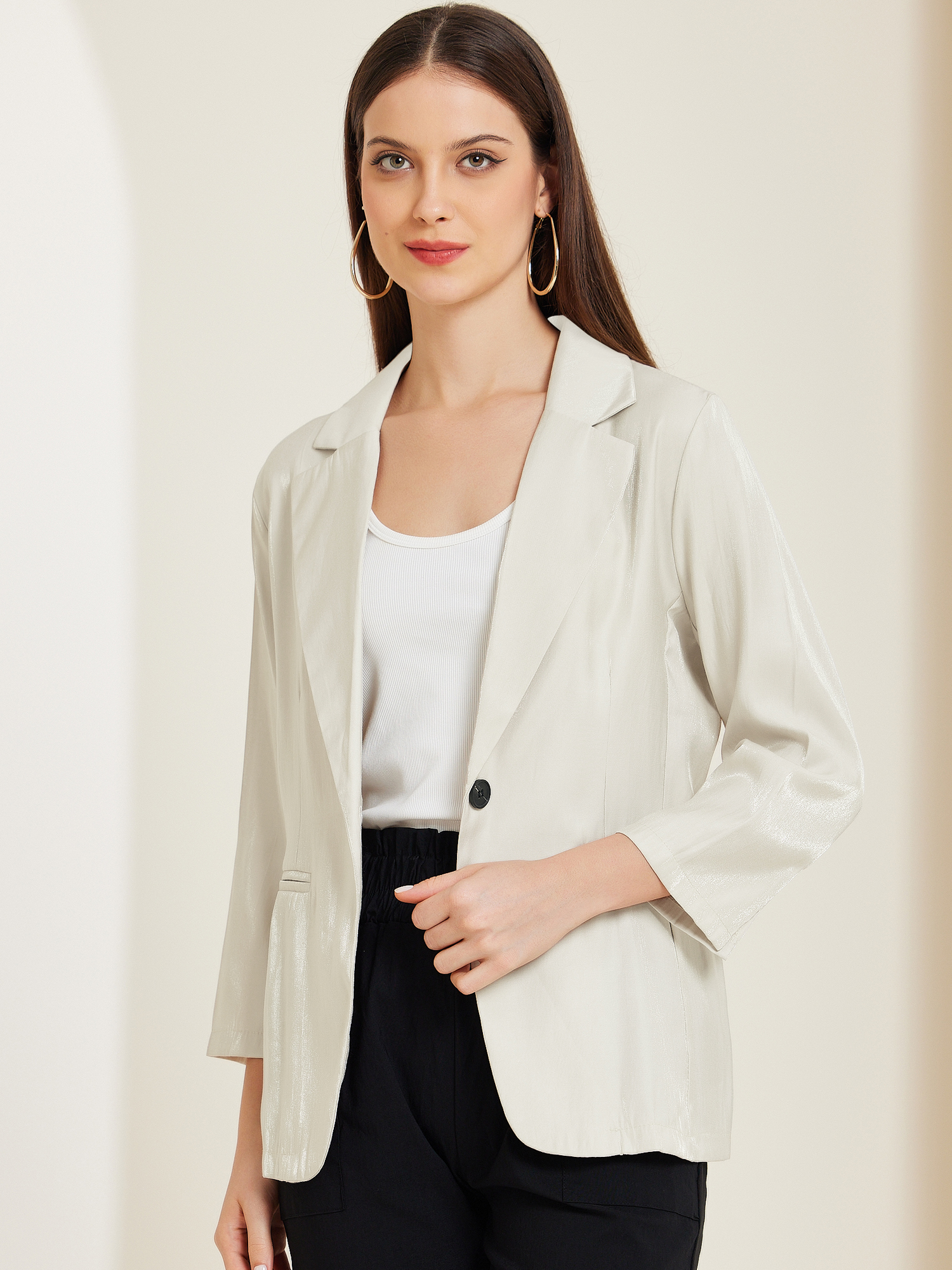 Open Front Lapel Button Casual Work Office Blazer White/M