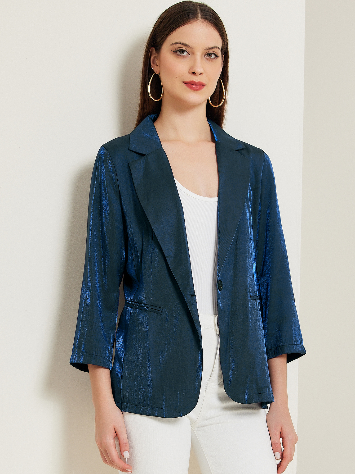 Open Front Lapel Button Casual Work Office Blazer Dark Blue/L