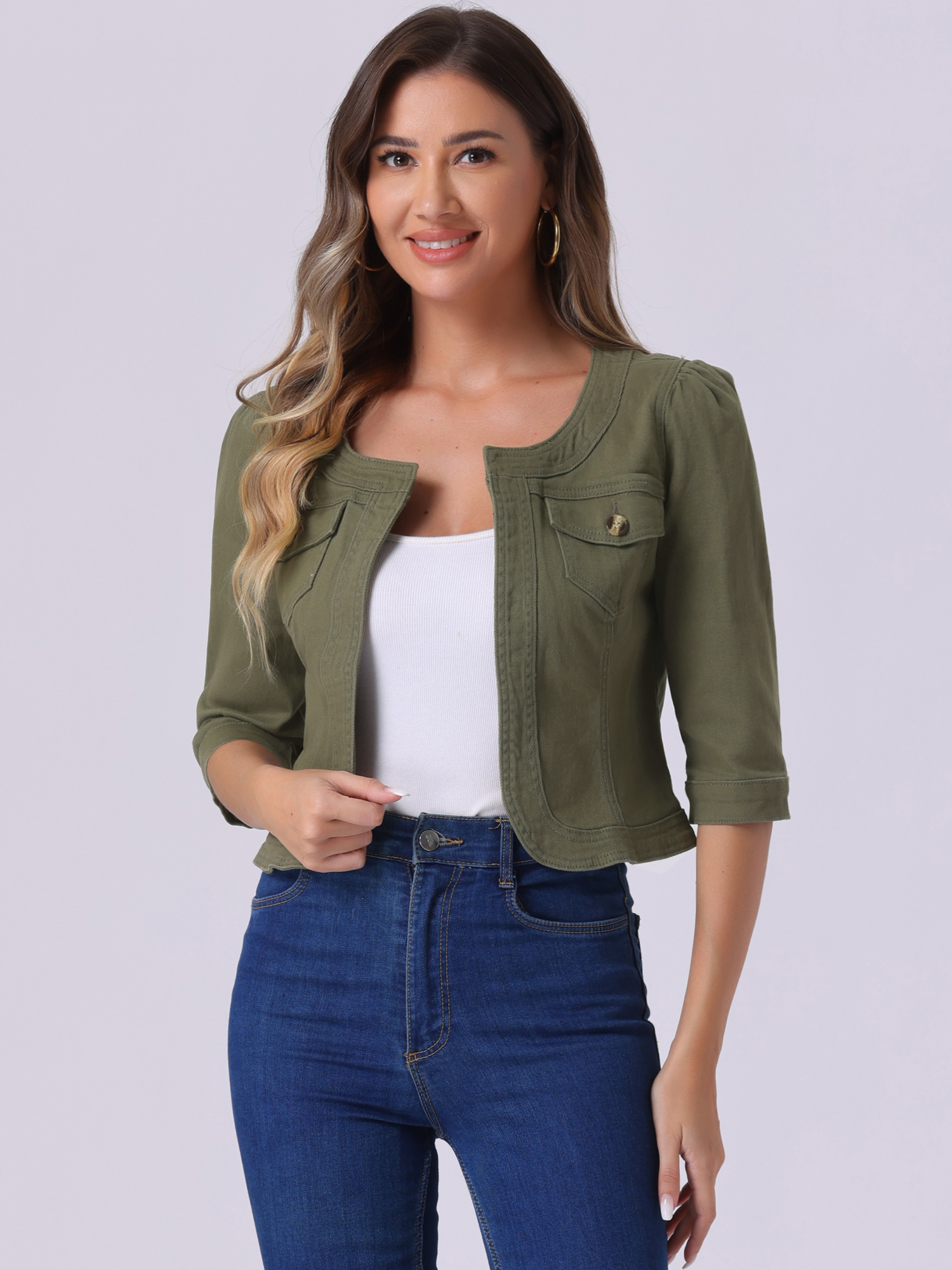Denim Collarless Pockets 3/4 Sleeve Feminine Style Jacket Army Green/L