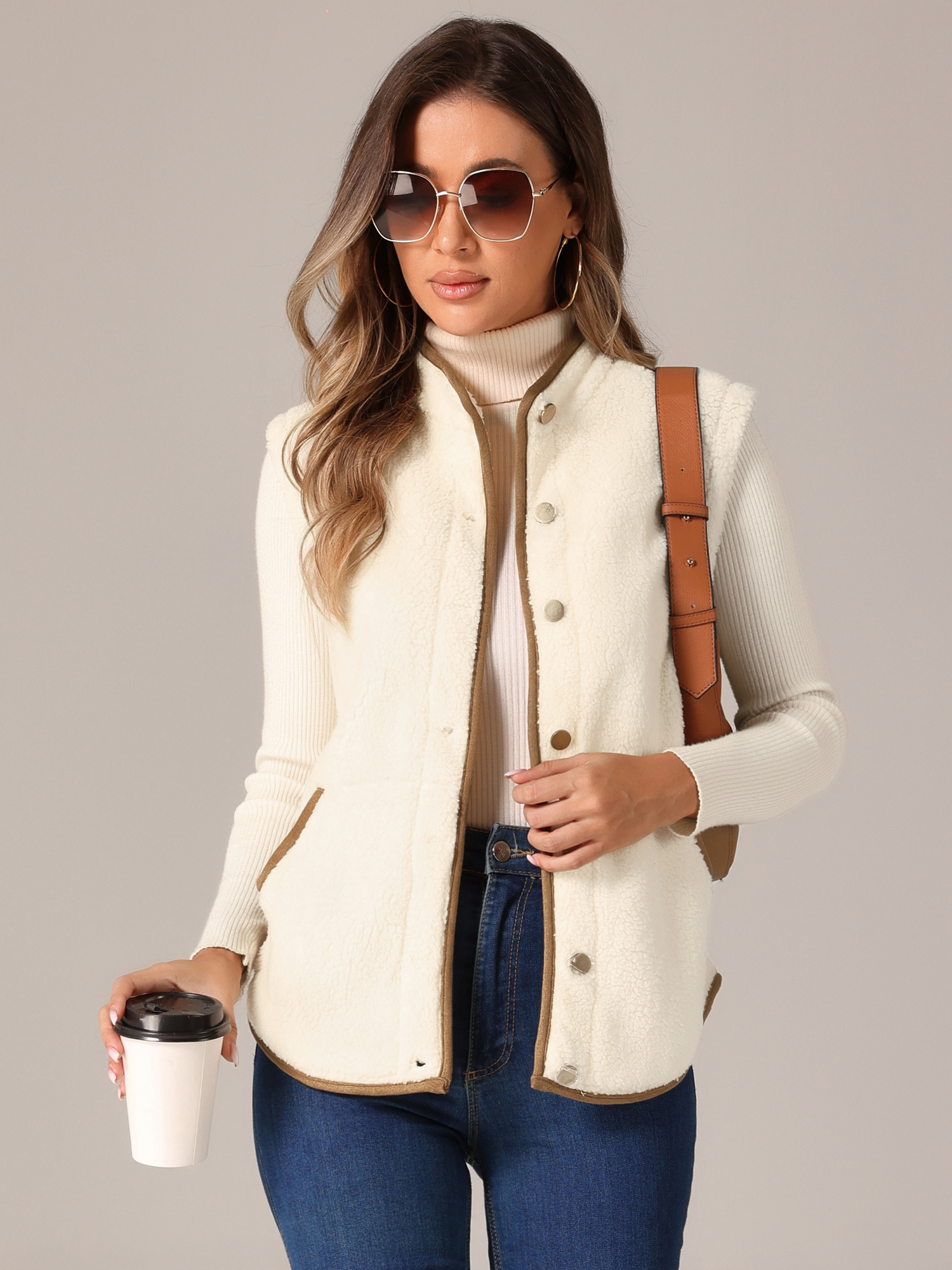Fleece Plush Pockets Buttons Sleeveless Fuzzy Jacket Vest Apricot Brown/S