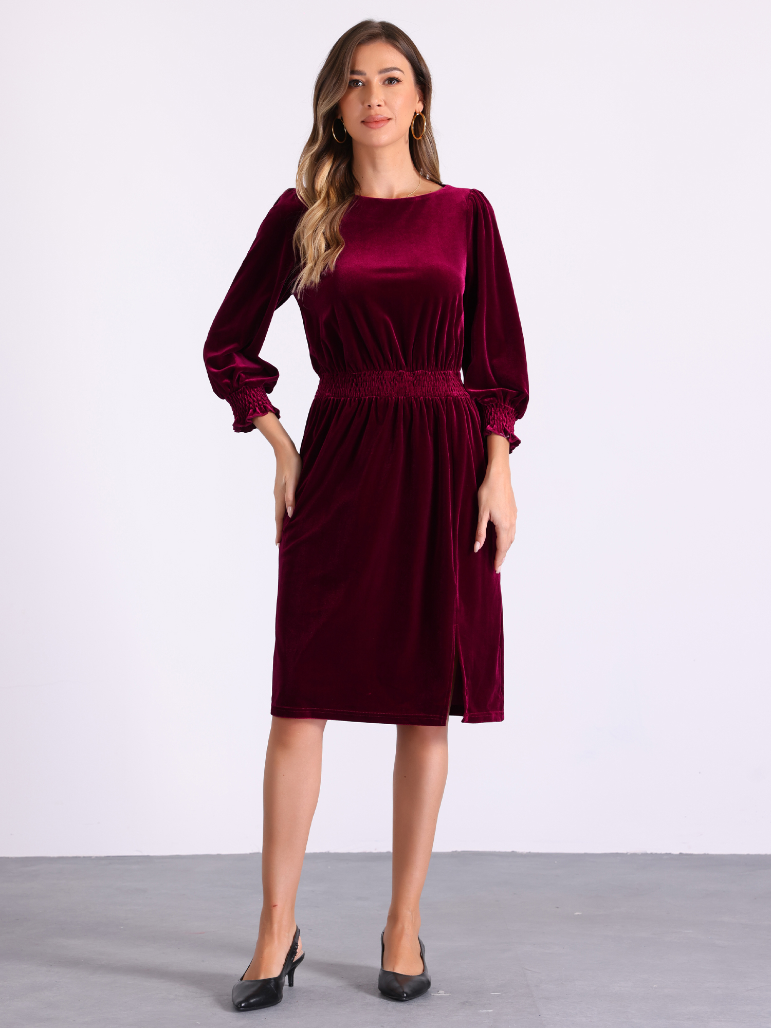Boat Neck Puff Sleeve Smocked Velvet Midi Dress Burgundy/S