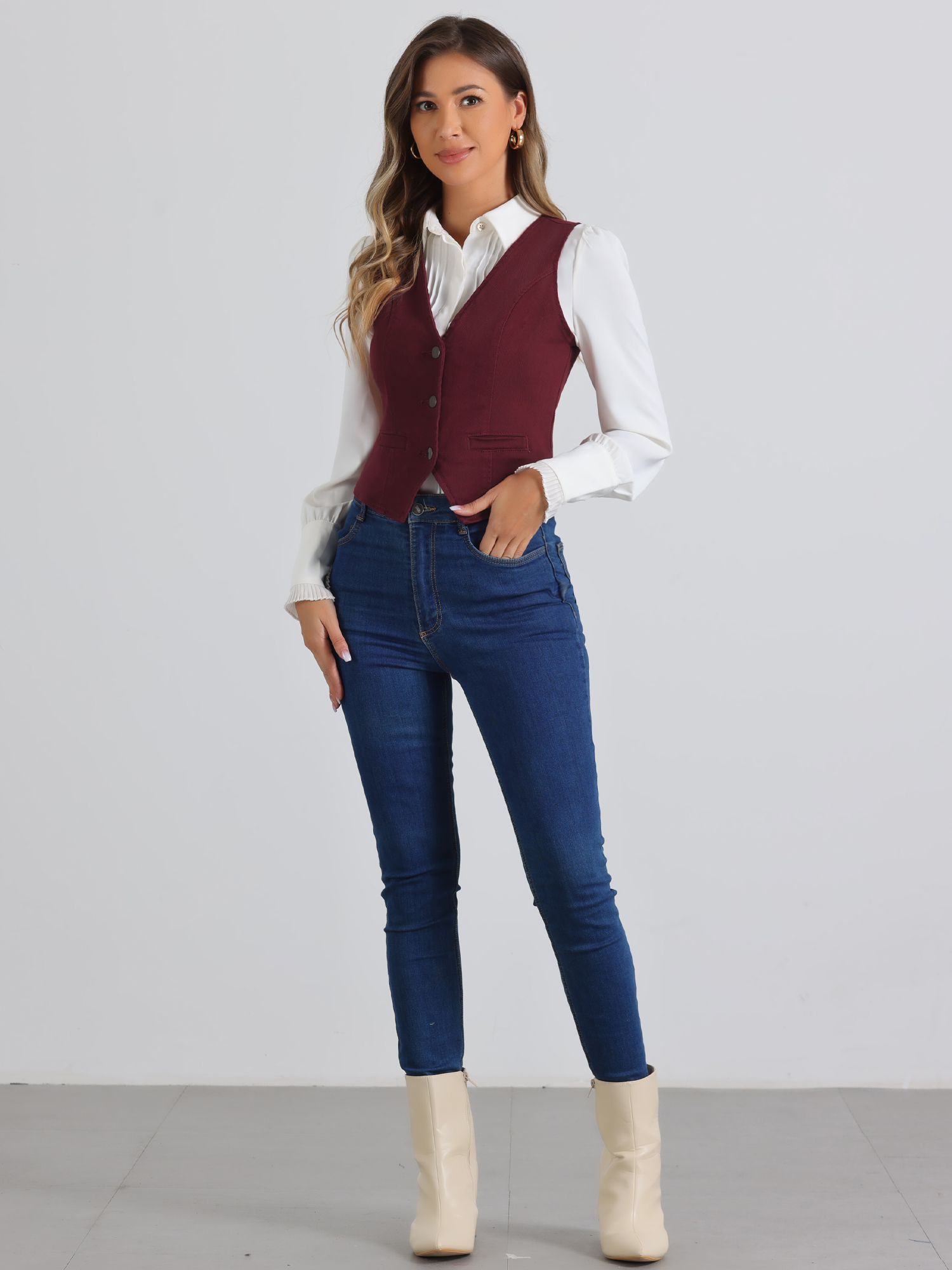 Denim Jakcet Sleeveless V Neck Button Down Casual Jean Waistcoat Vest Wine Red/S