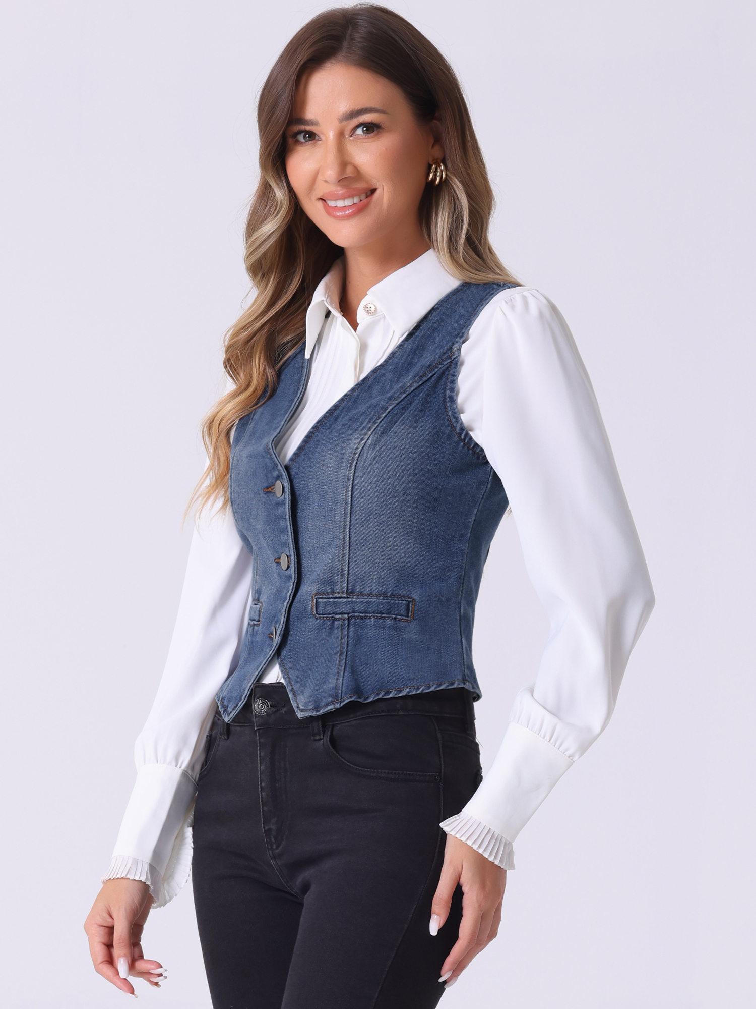 Denim Jakcet Sleeveless V Neck Button Down Casual Jean Waistcoat Vest Blue/S