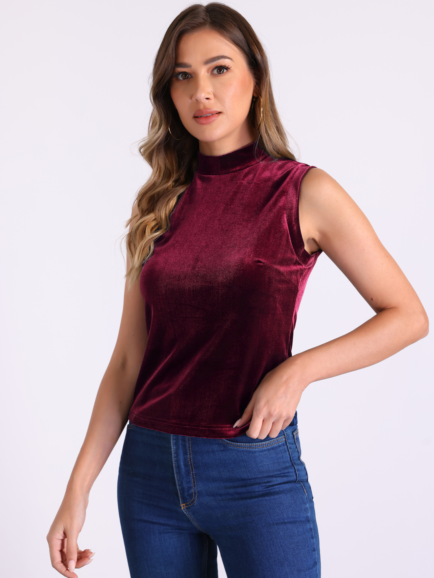 Mock Neck Velvet Sleeveless Solid Color Tank Top Wine Red/L