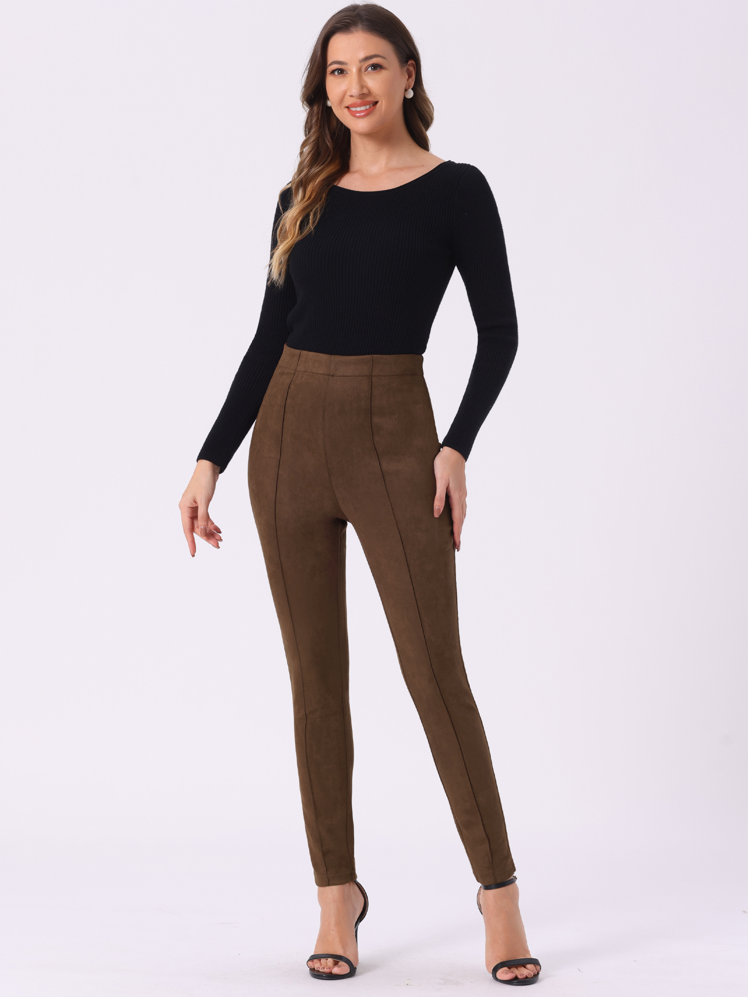 Womens' Velvet Elastic Waist Side Zipper Narrow Leg Skinny Casual Pants Coffee/M