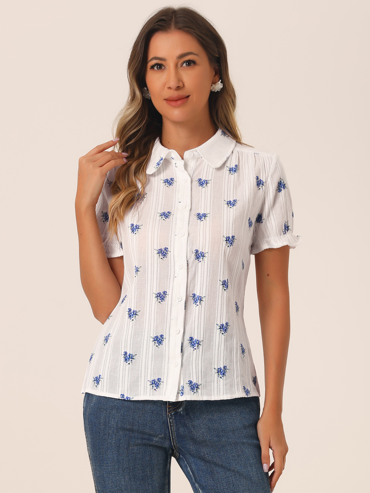 Floral Printed Peter Pan Collar Cotton Short Sleeve Shirt White Blue/L
