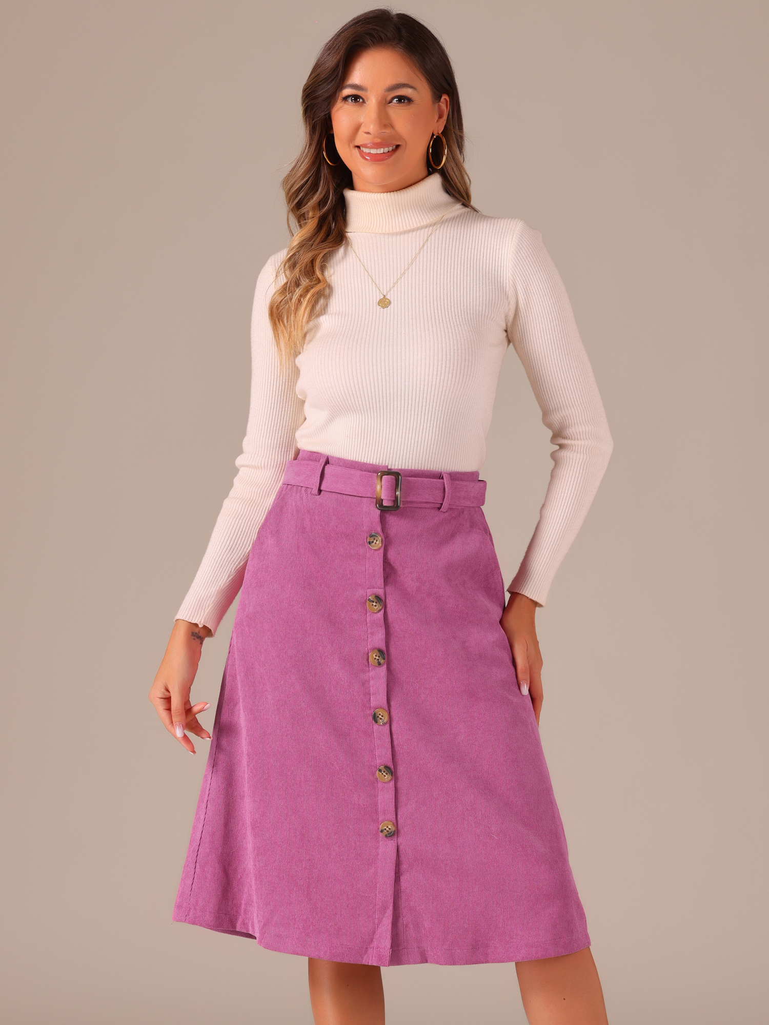 High Waist Button Front Belted Corduroy A-Line Midi Skirt Hot Pink/XS