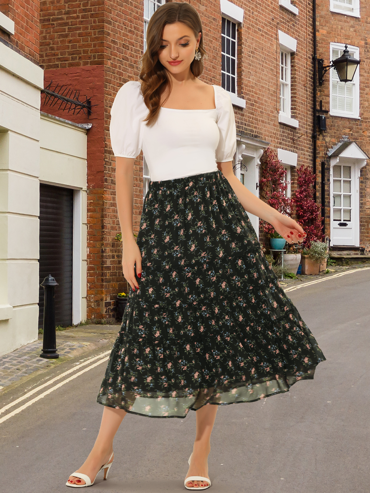 Ruffle Boho Chiffon Floral Printed Long Tiered Midi Skirt Black Pink/2XL