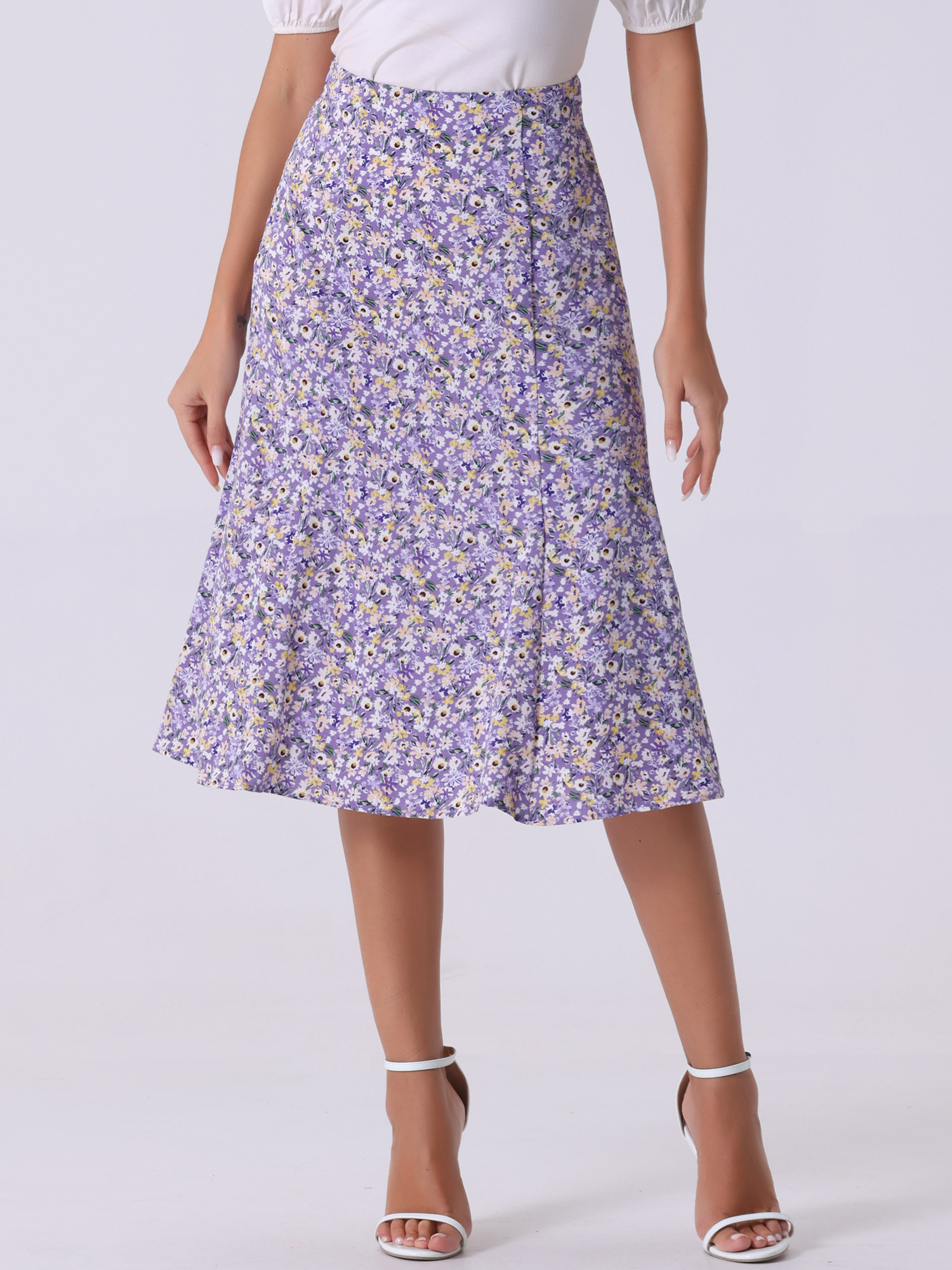 Floral Peasant Elastic Waist A-Line Ditsy Leave Midi Skirt Purple/M