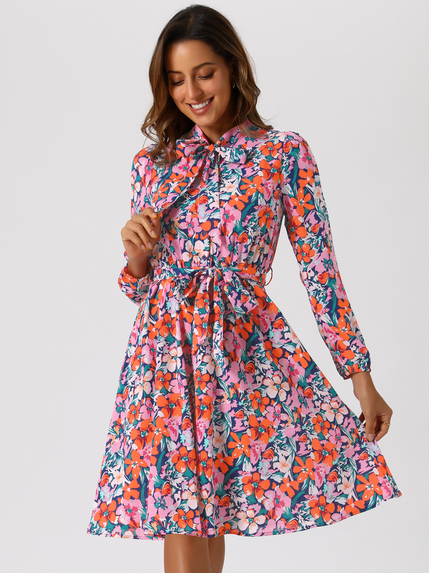 Tie Neck Chiffon Long Sleeve Belted Vintage Floral Dress Red/XL