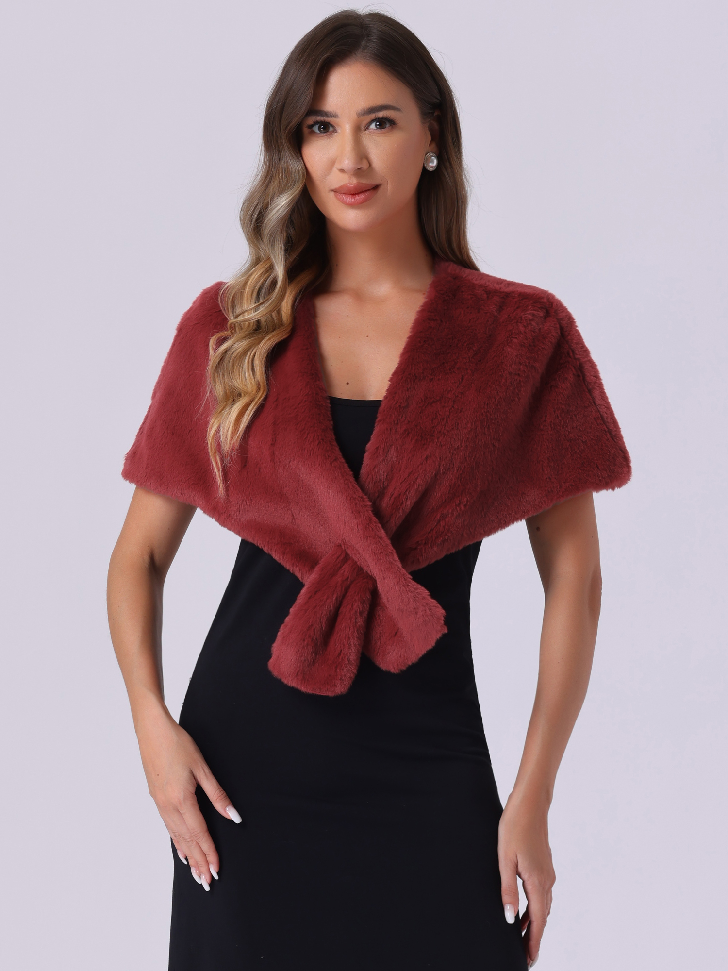 Faux Fur Shawl Winter 1920s Stole Bridal Wedding Wraps Burgundy/XL