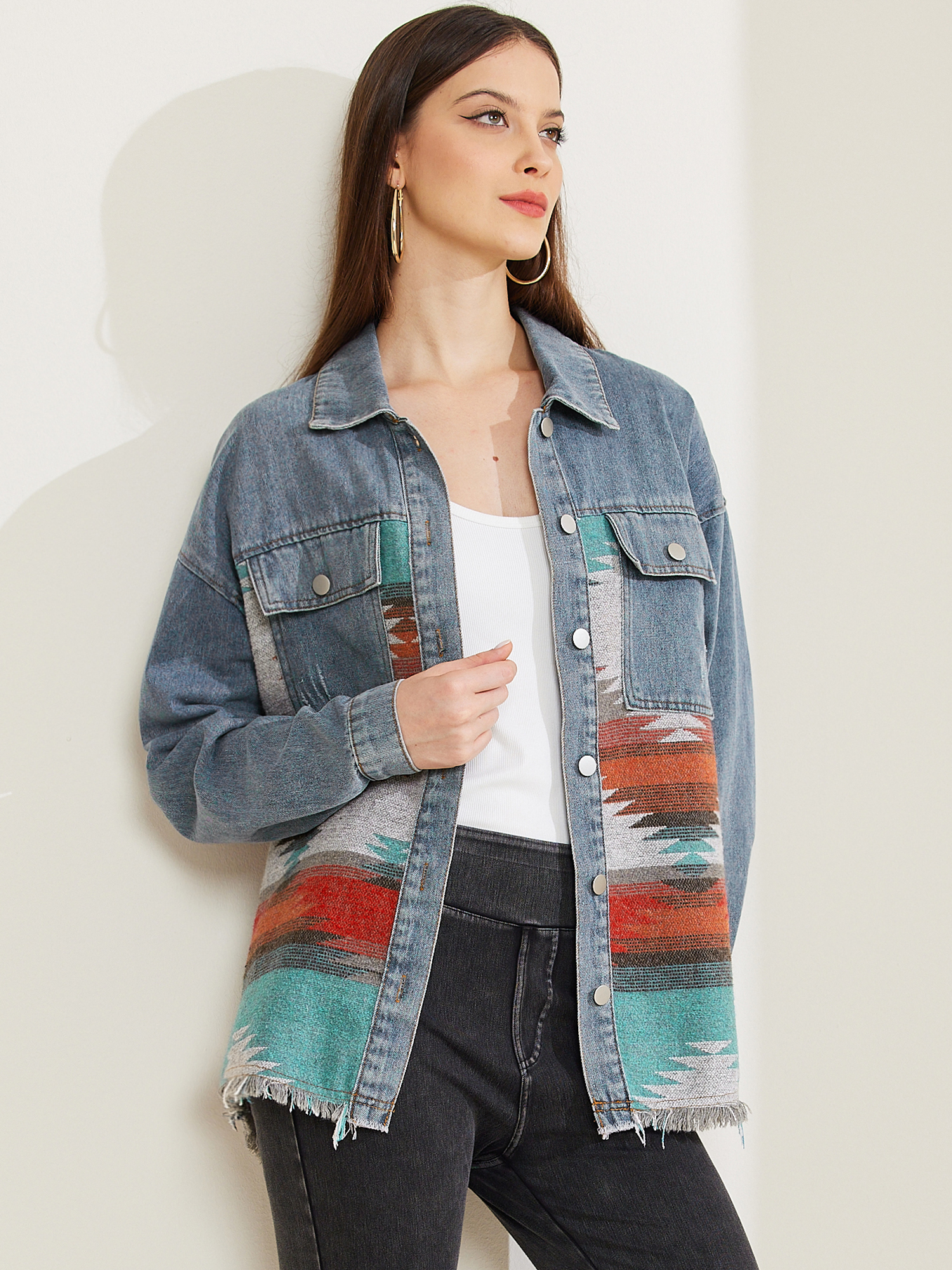 Aztec Ethnic Patchwork Denim Long Sleeve Vintage Shacket Jacket Blue/S
