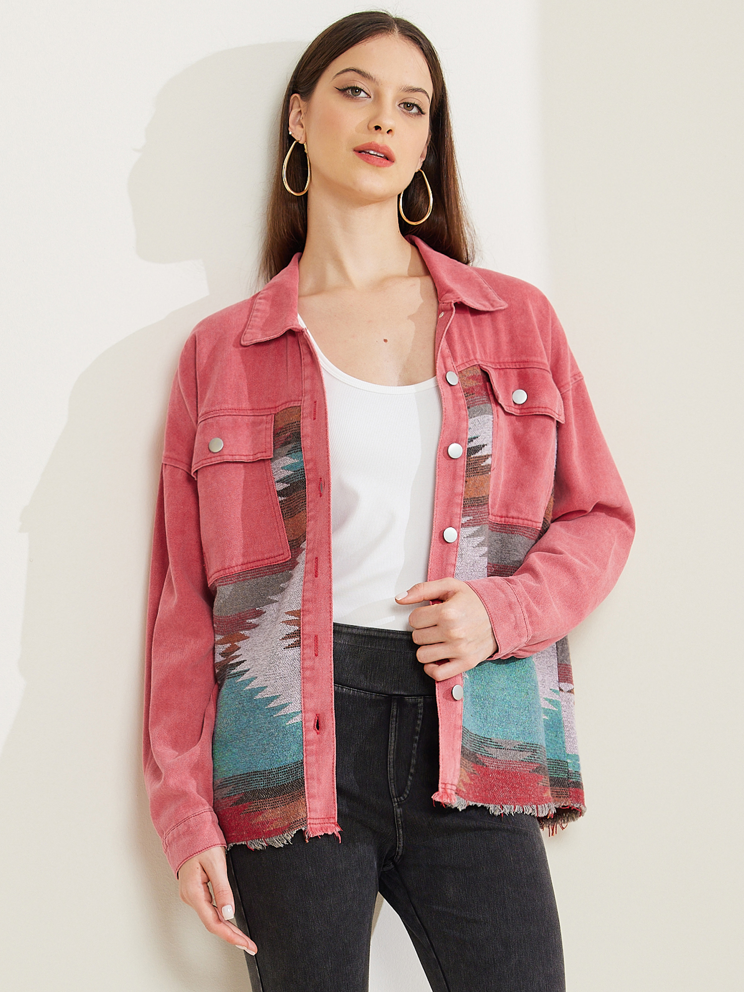 Aztec Ethnic Patchwork Denim Long Sleeve Vintage Shacket Jacket Pink/XL