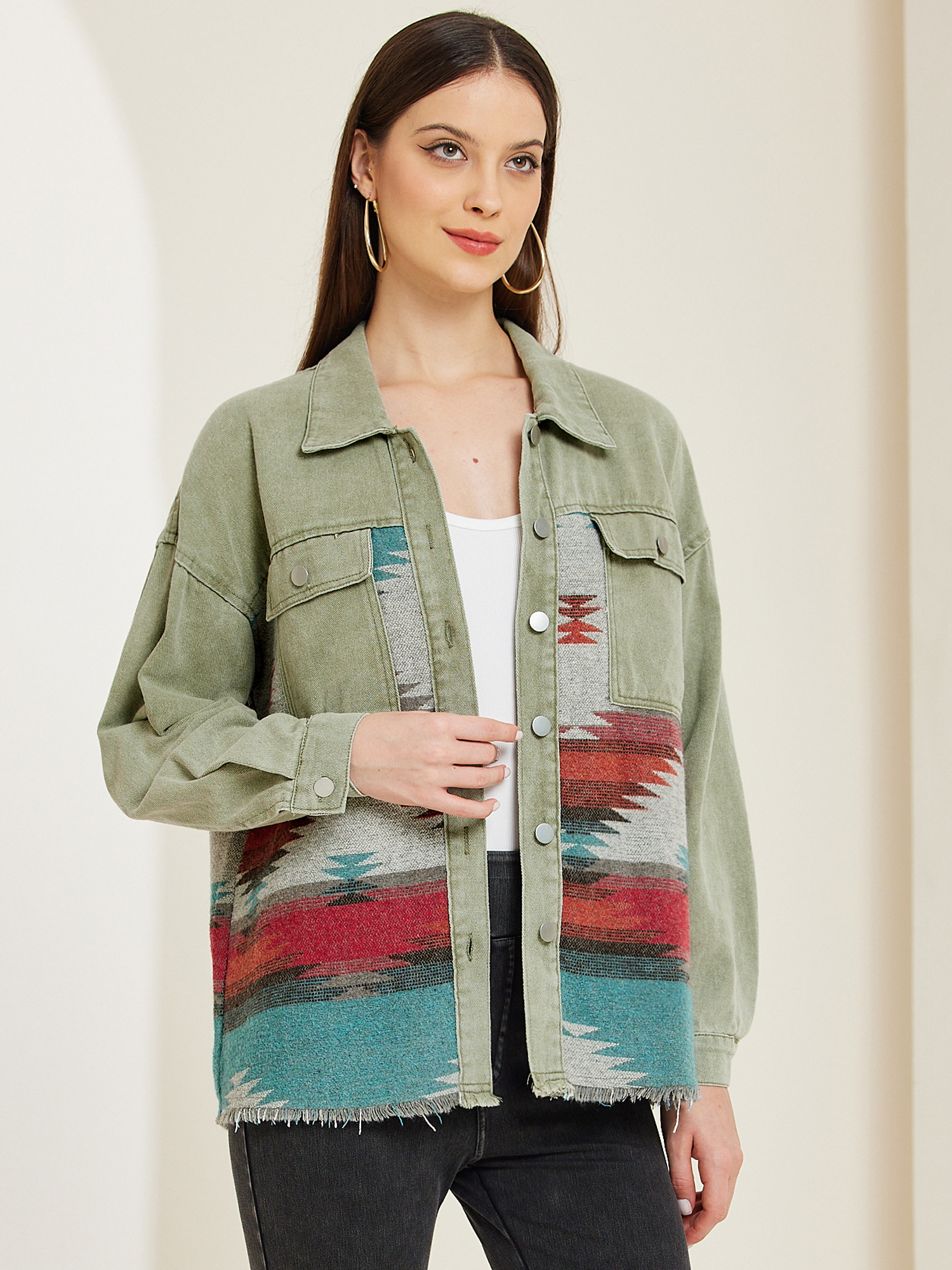 Aztec Ethnic Patchwork Denim Long Sleeve Vintage Shacket Jacket Green/XL